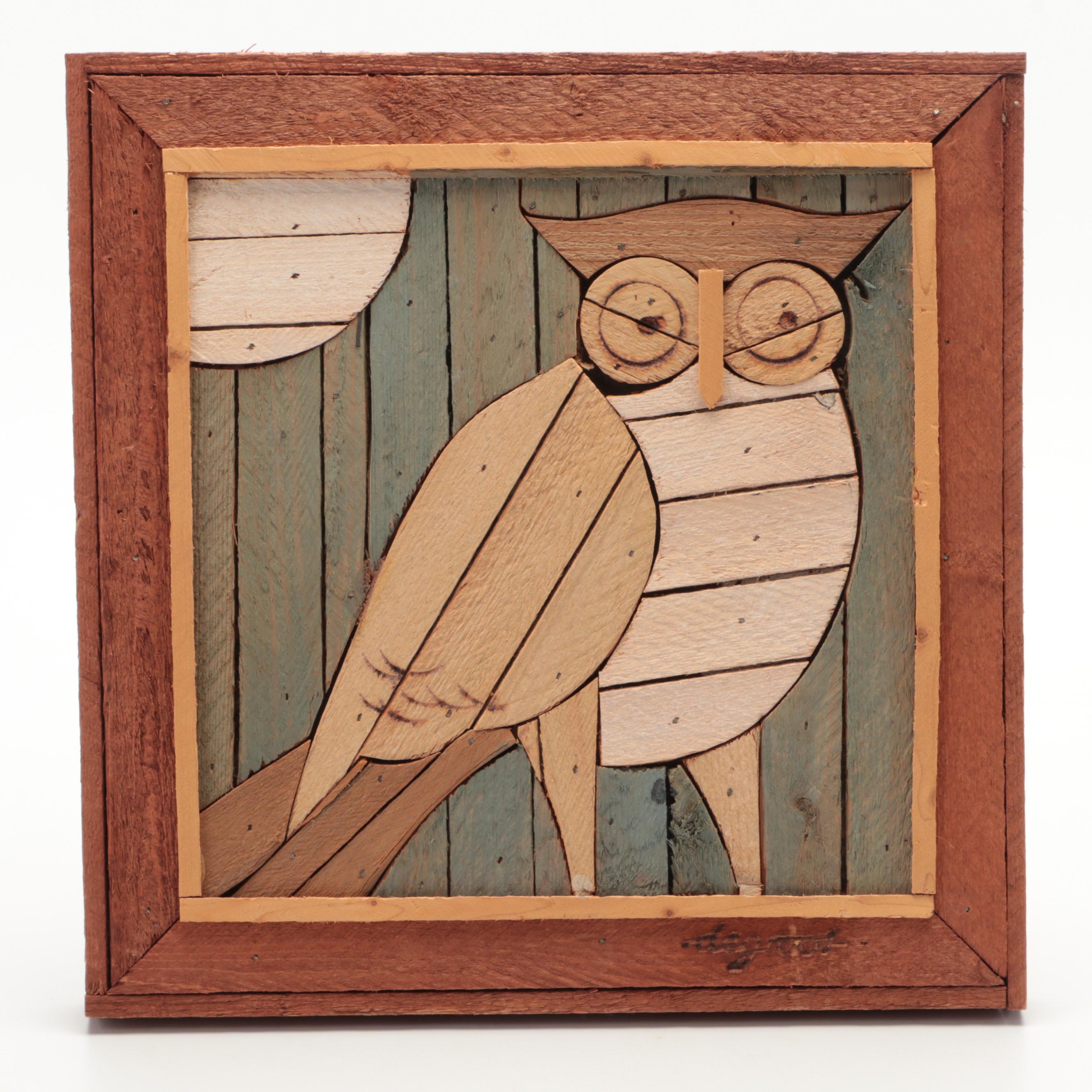 Dick de Groot Lath Art Wood Mosaic Fish and Owl Panels