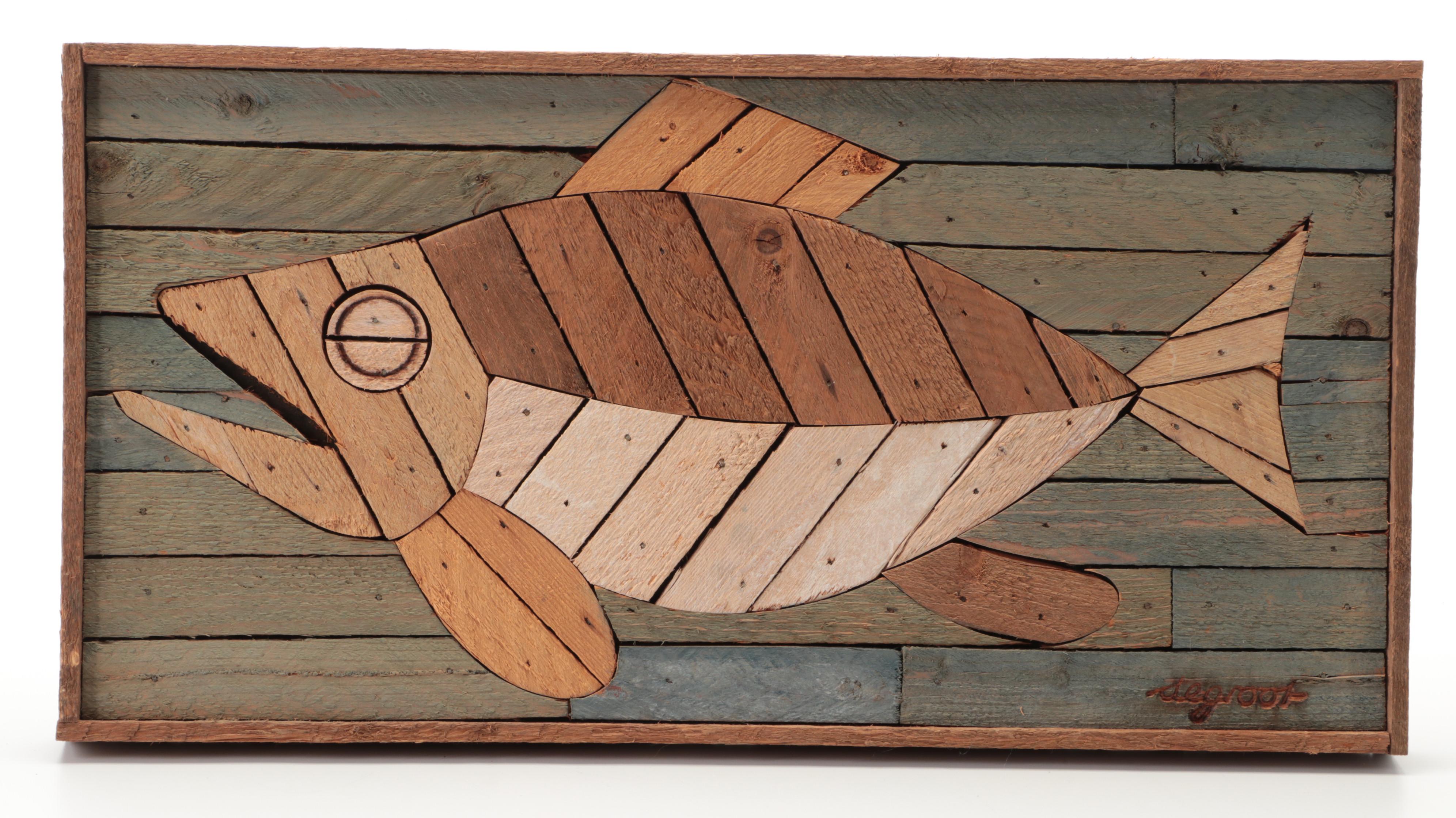 Dick de Groot Lath Art Wood Mosaic Fish and Owl Panels