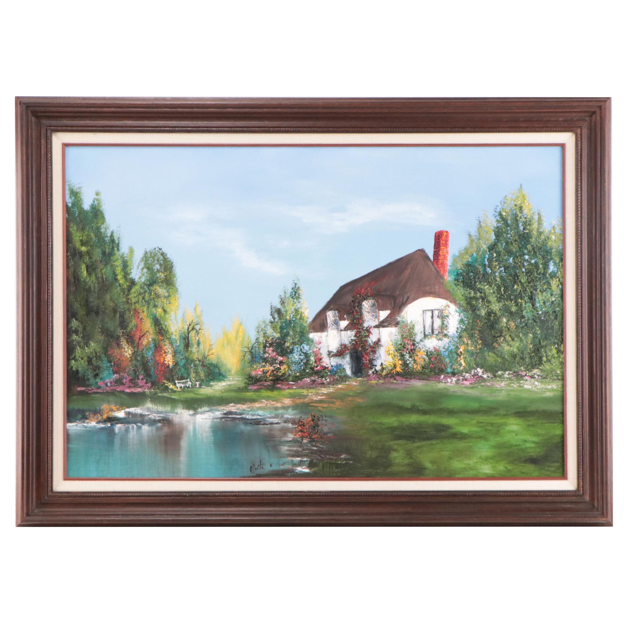 Oil Painting of Cottage In Verdant Landscape