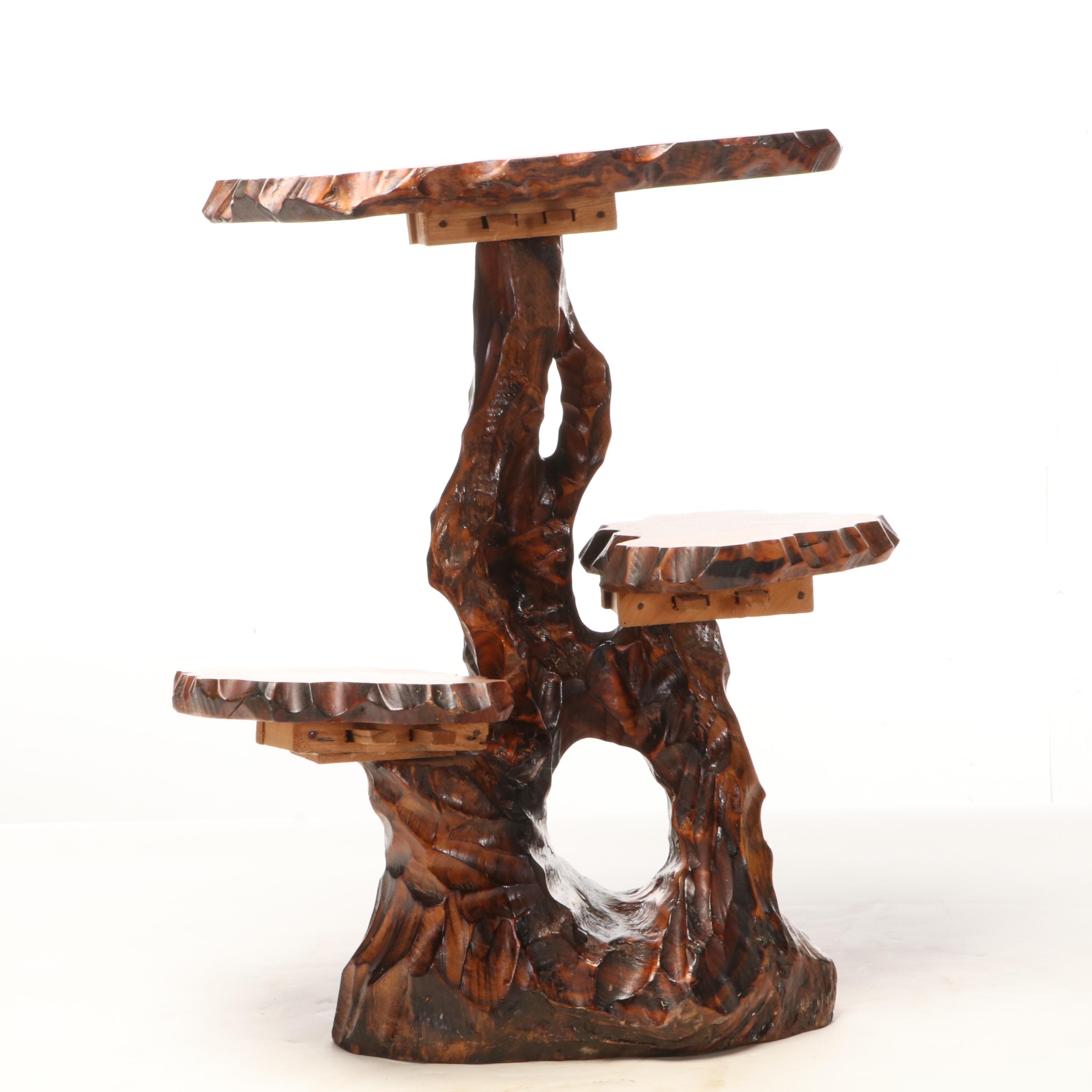 Taiwanese Live Edge Wood Three-Tiered End Table