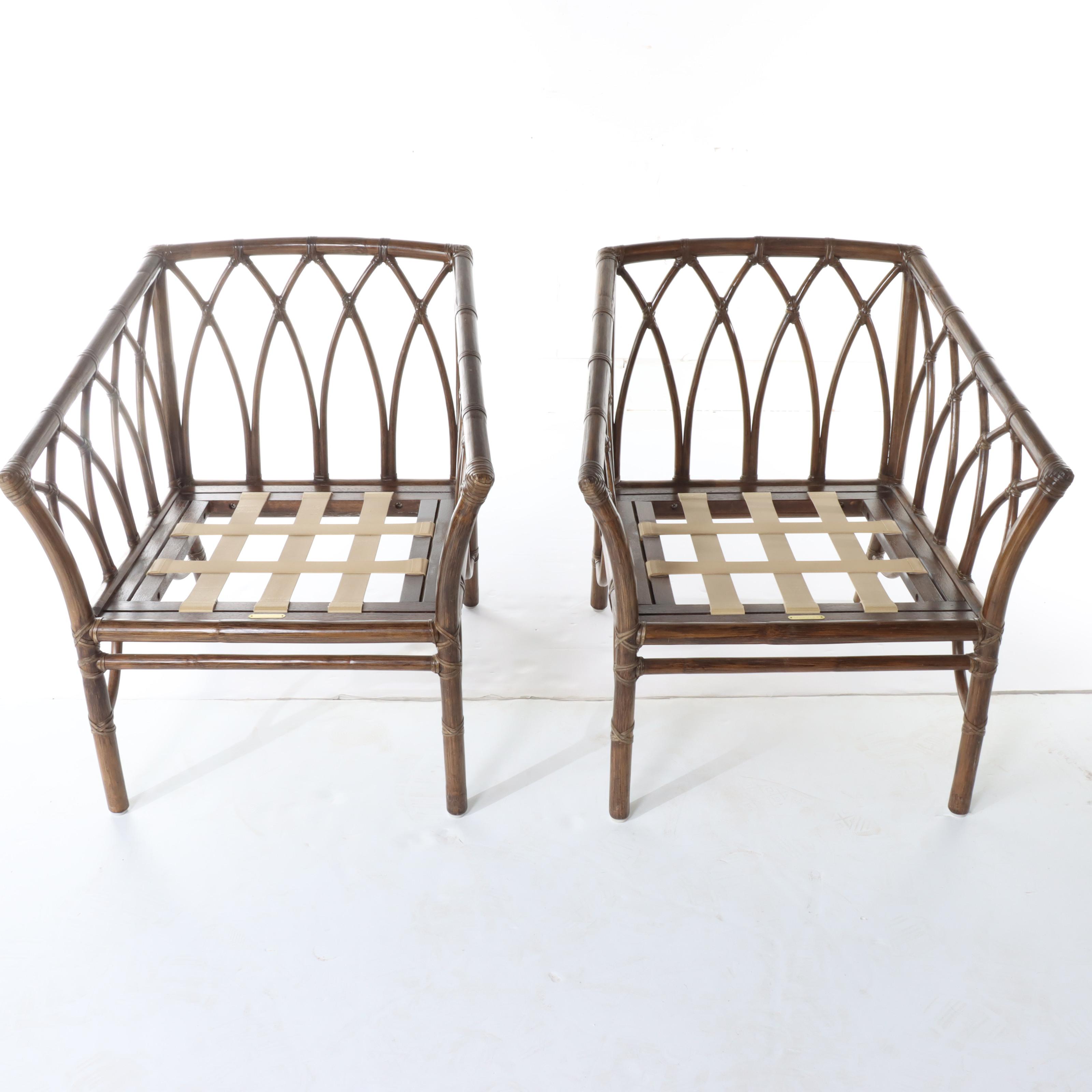 Pair of McGuire Leather-Wrapped Rattan Patio Lounge Chairs