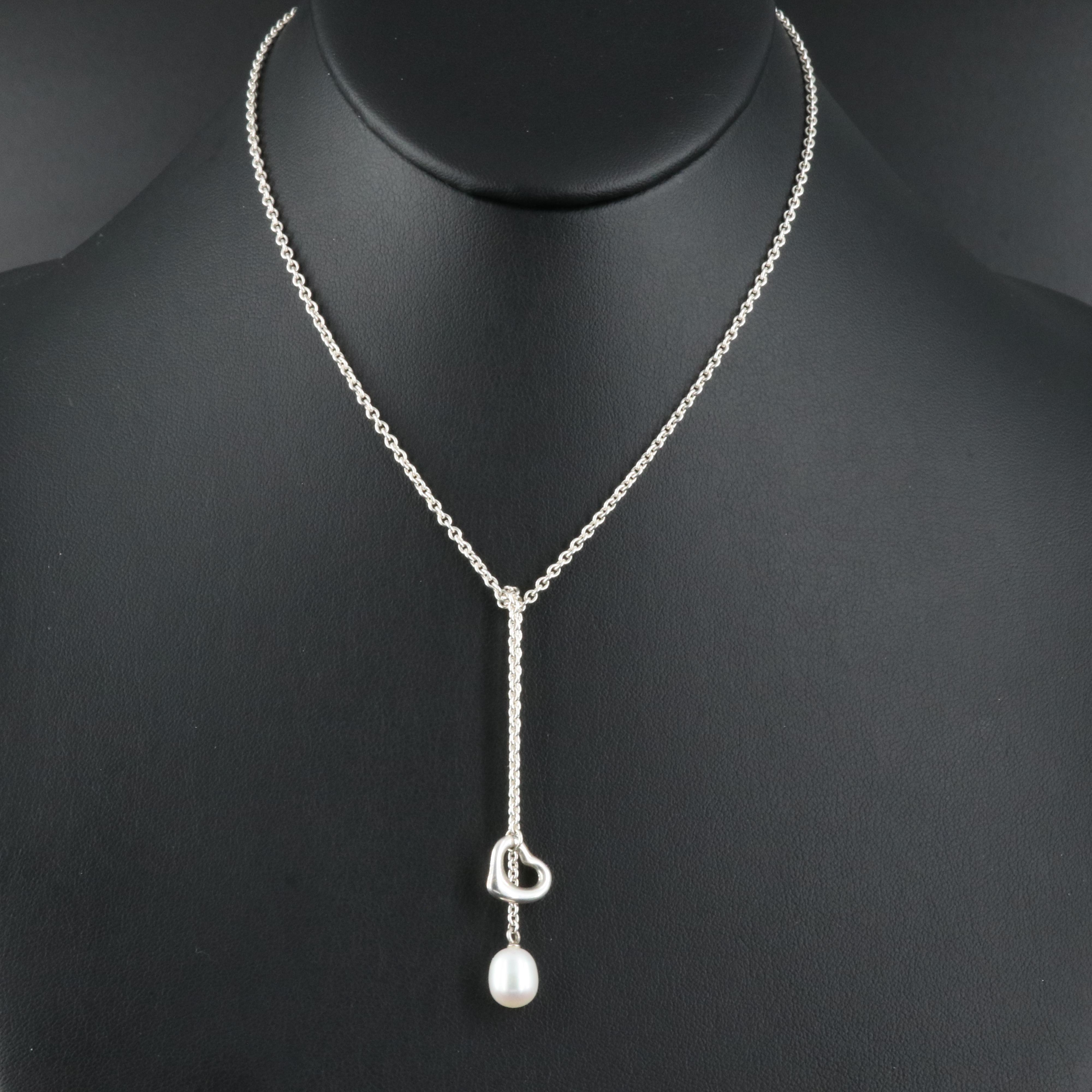 Elsa Peretti for Tiffany & Co. "Open Heart" Sterling Pearl Lariat Necklace