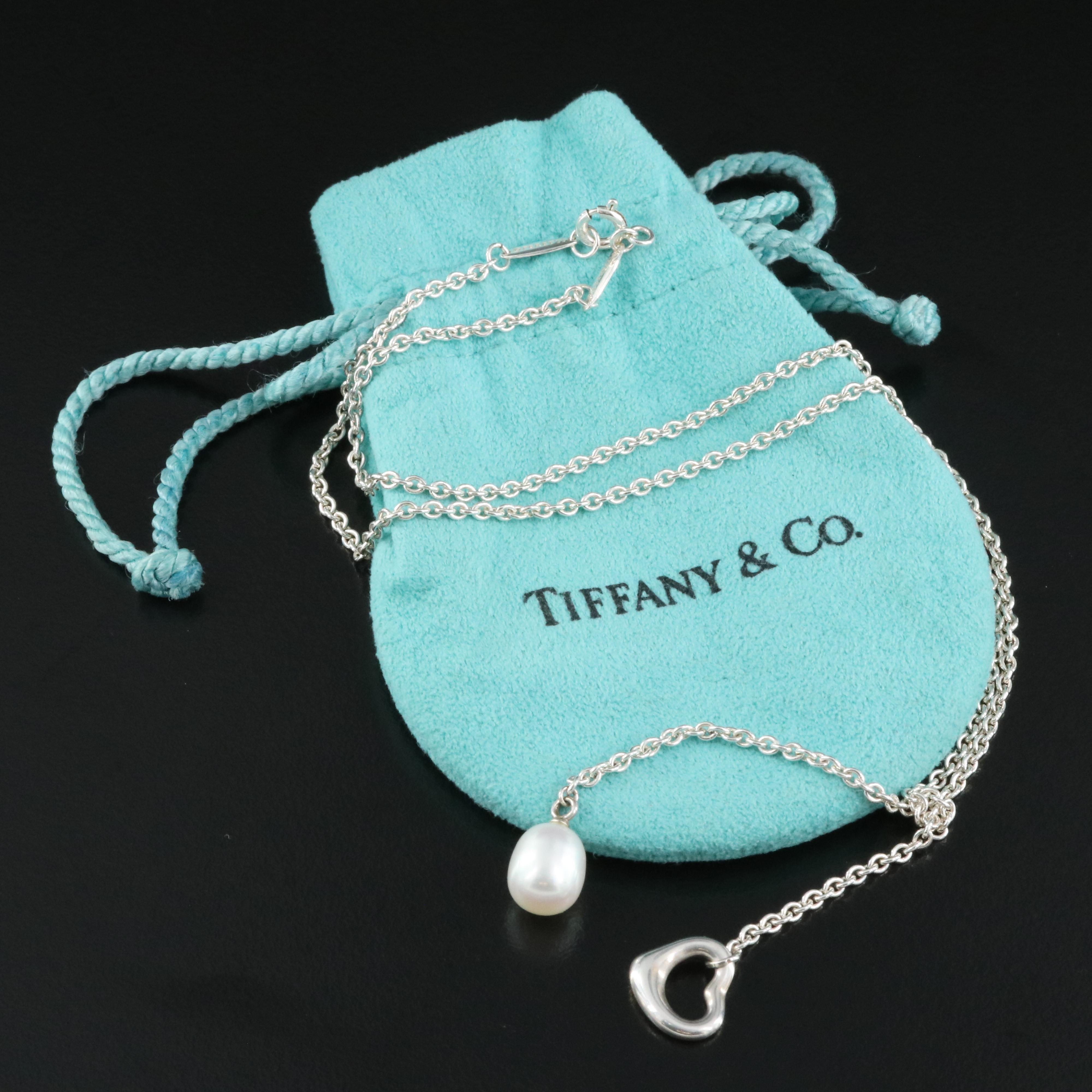 Elsa Peretti for Tiffany & Co. "Open Heart" Sterling Pearl Lariat Necklace