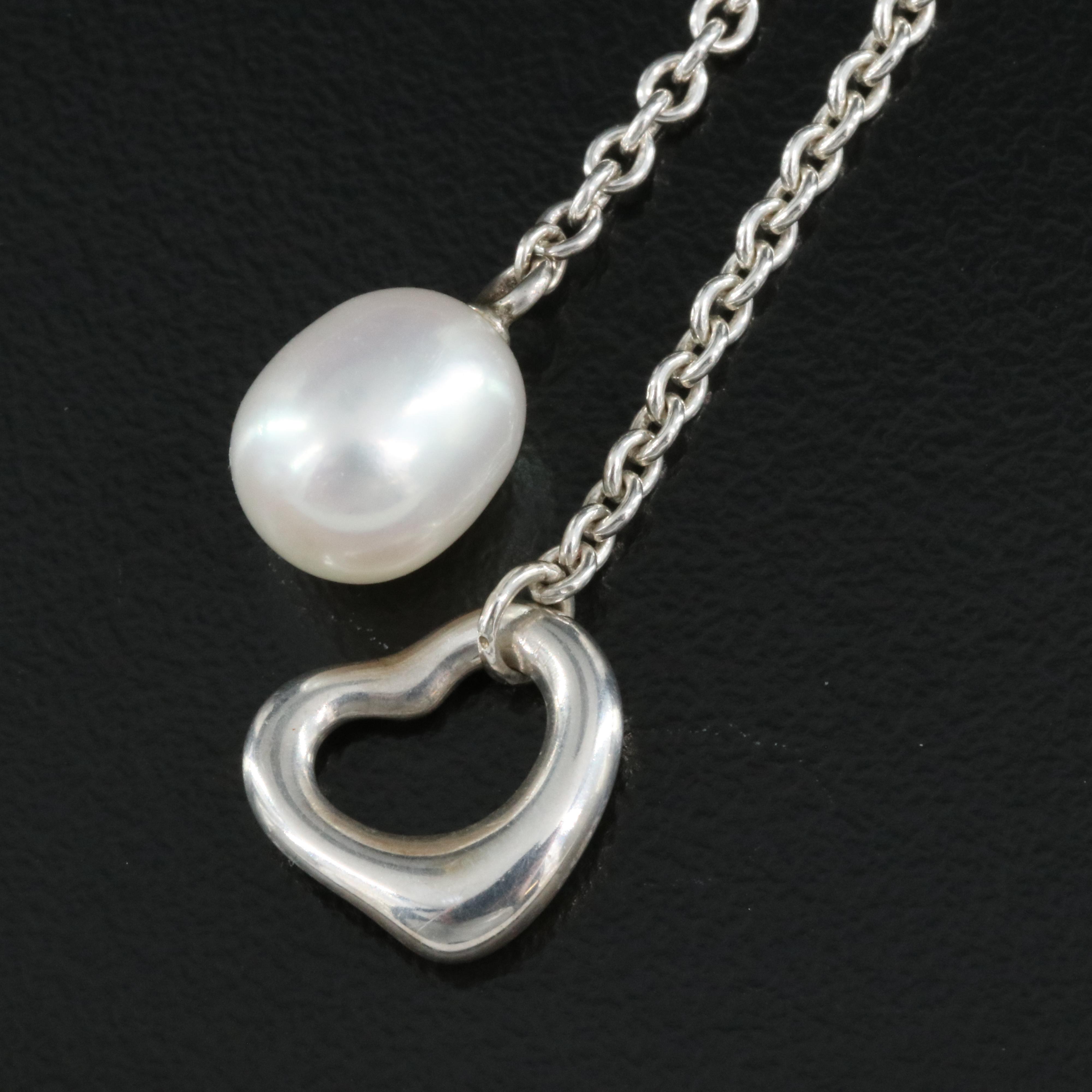 Elsa Peretti for Tiffany & Co. "Open Heart" Sterling Pearl Lariat Necklace