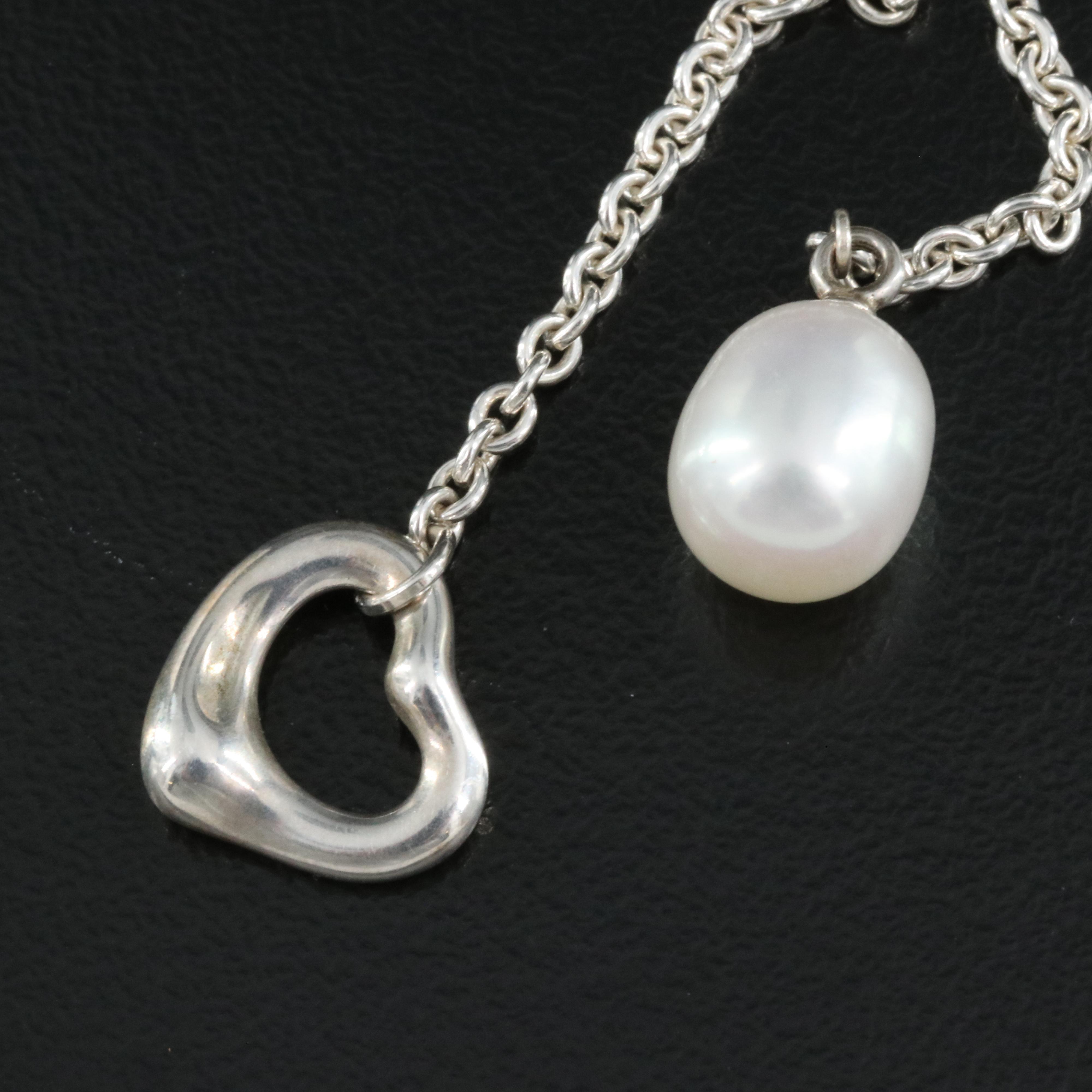 Elsa Peretti for Tiffany & Co. "Open Heart" Sterling Pearl Lariat Necklace
