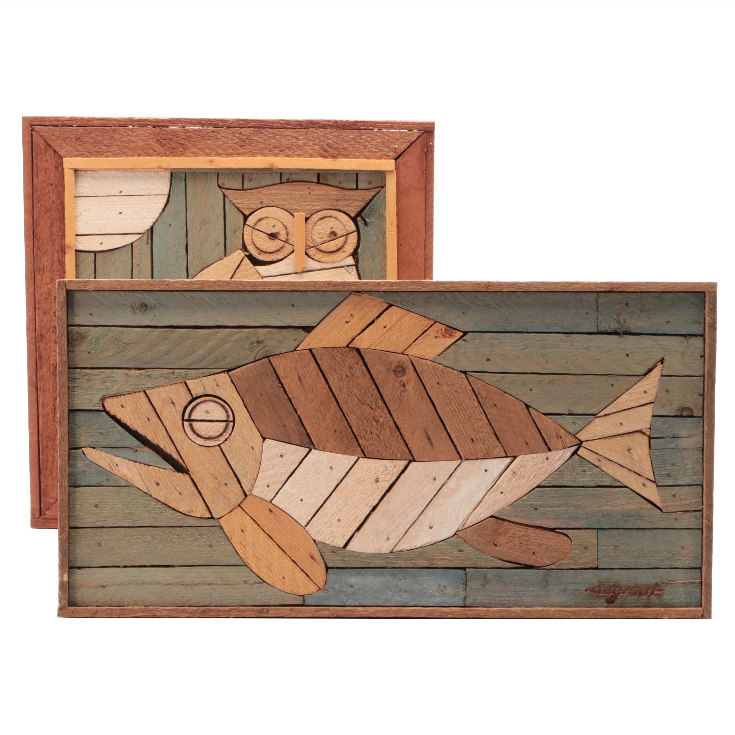 Dick de Groot Lath Art Wood Mosaic Fish and Owl Panels