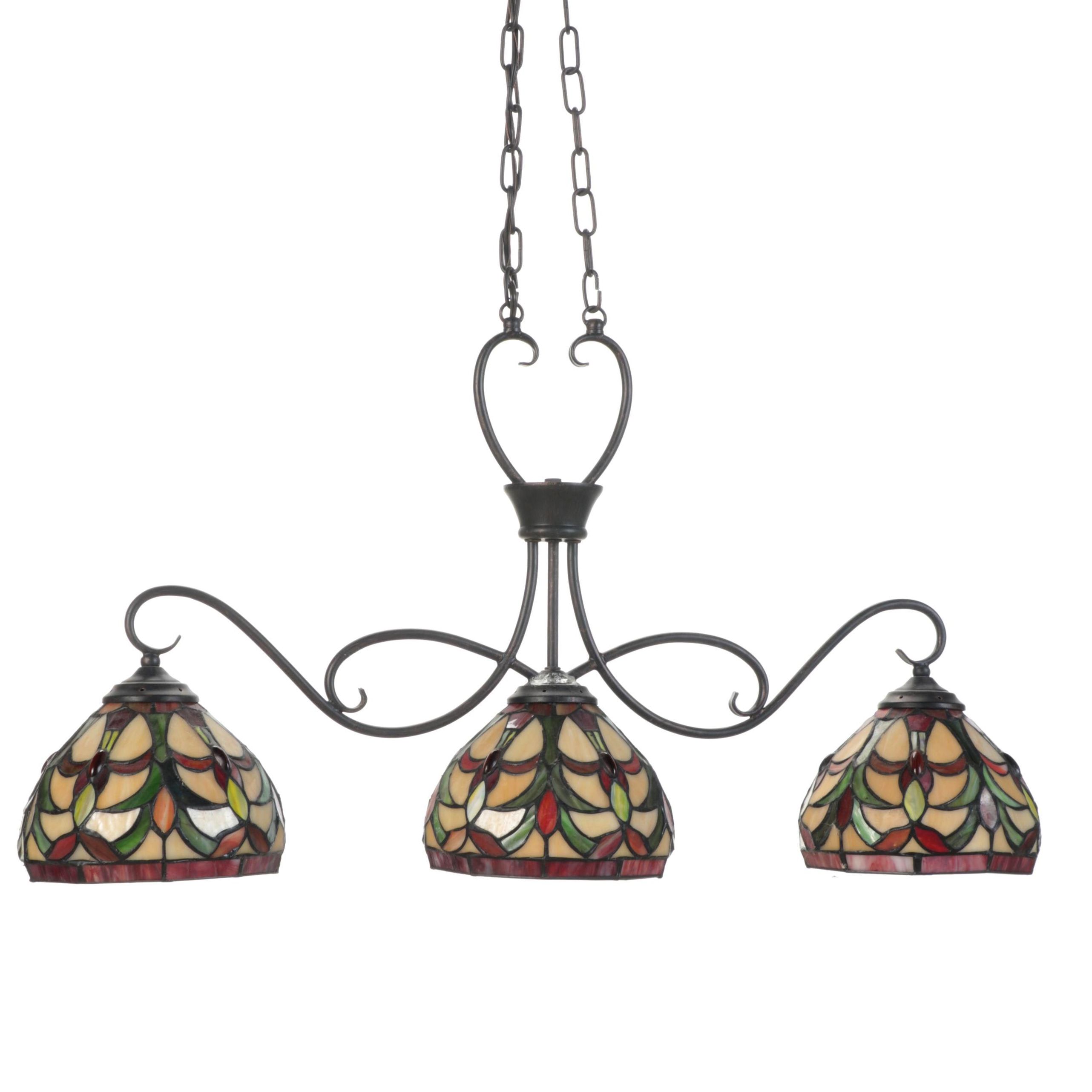 Slag Glass and Scrollwork Island Three-Pendant Light Fixture