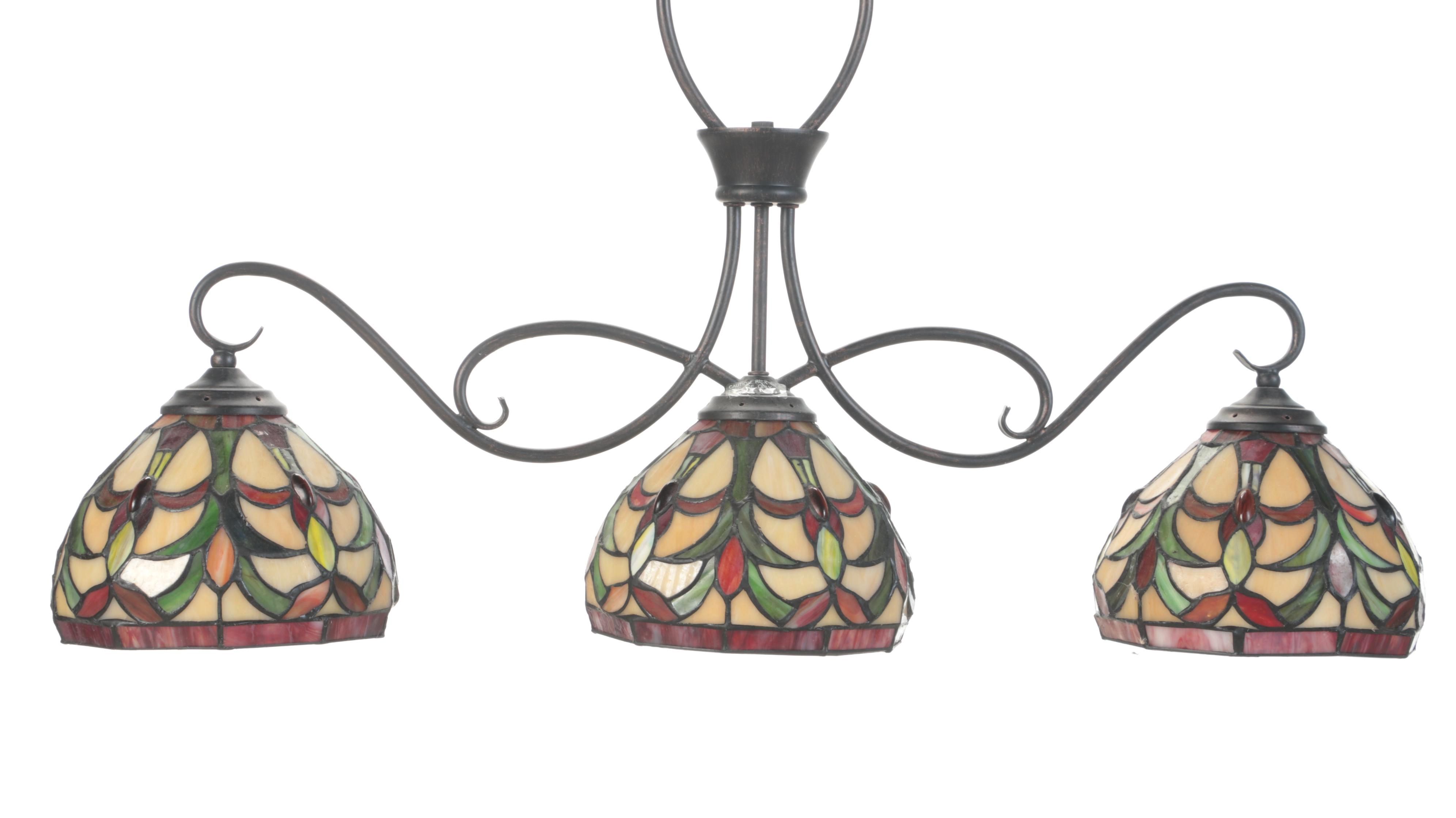 Slag Glass and Scrollwork Island Three-Pendant Light Fixture
