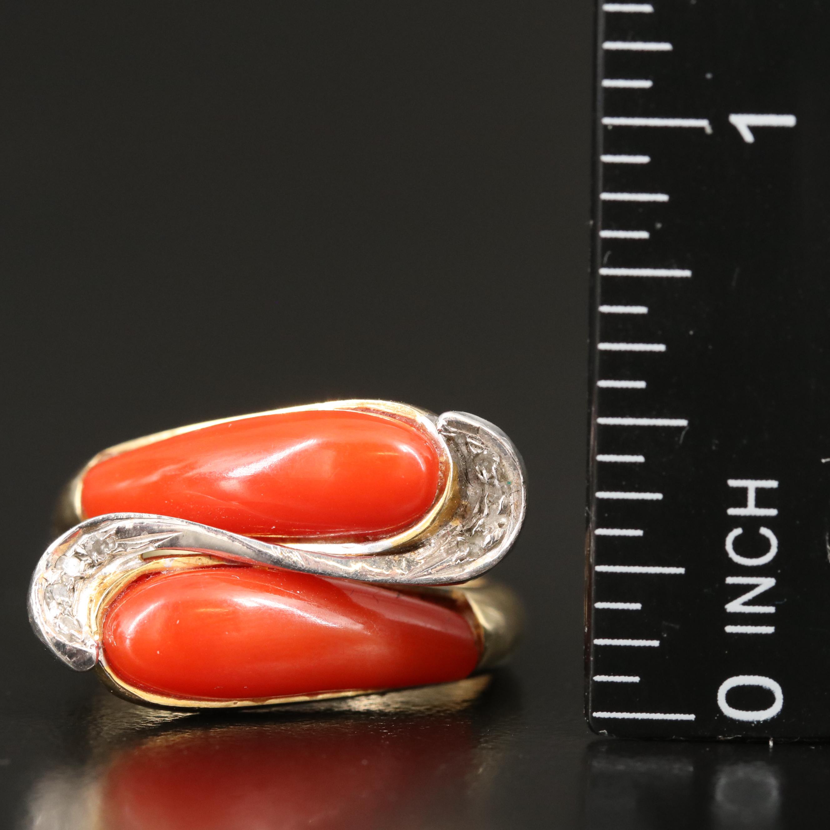 Vintage 14K Coral and Diamond Bypass Ring