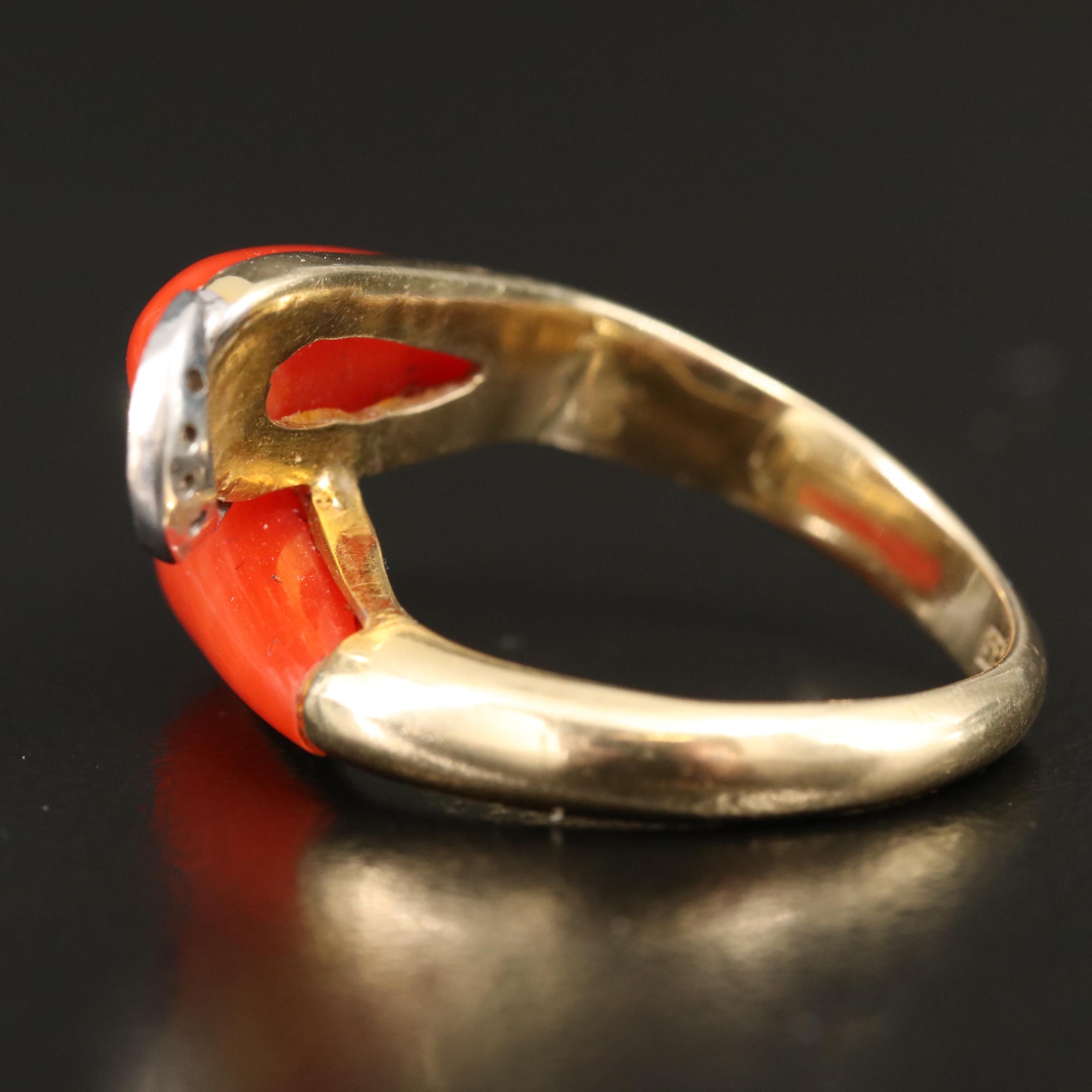 Vintage 14K Coral and Diamond Bypass Ring