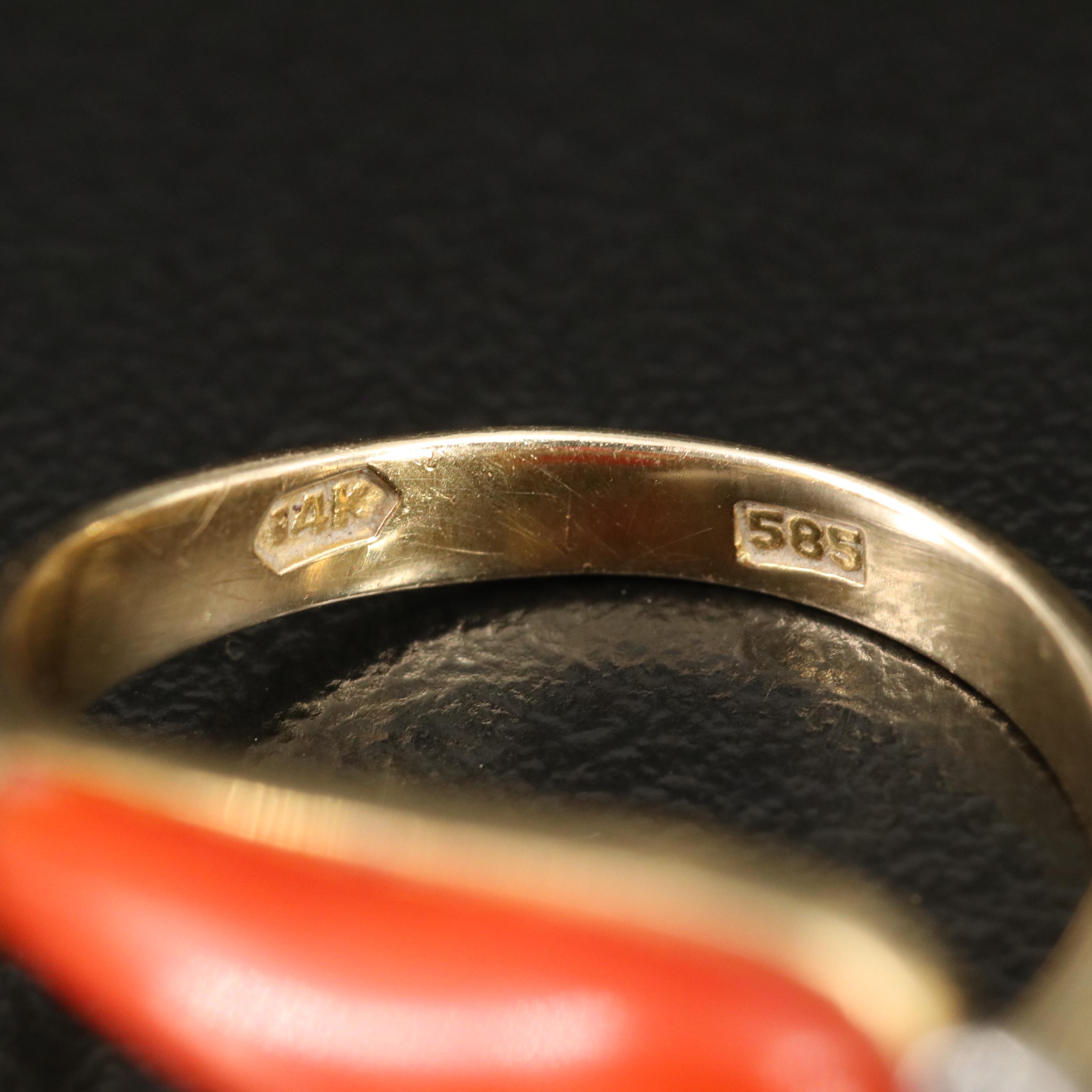Vintage 14K Coral and Diamond Bypass Ring