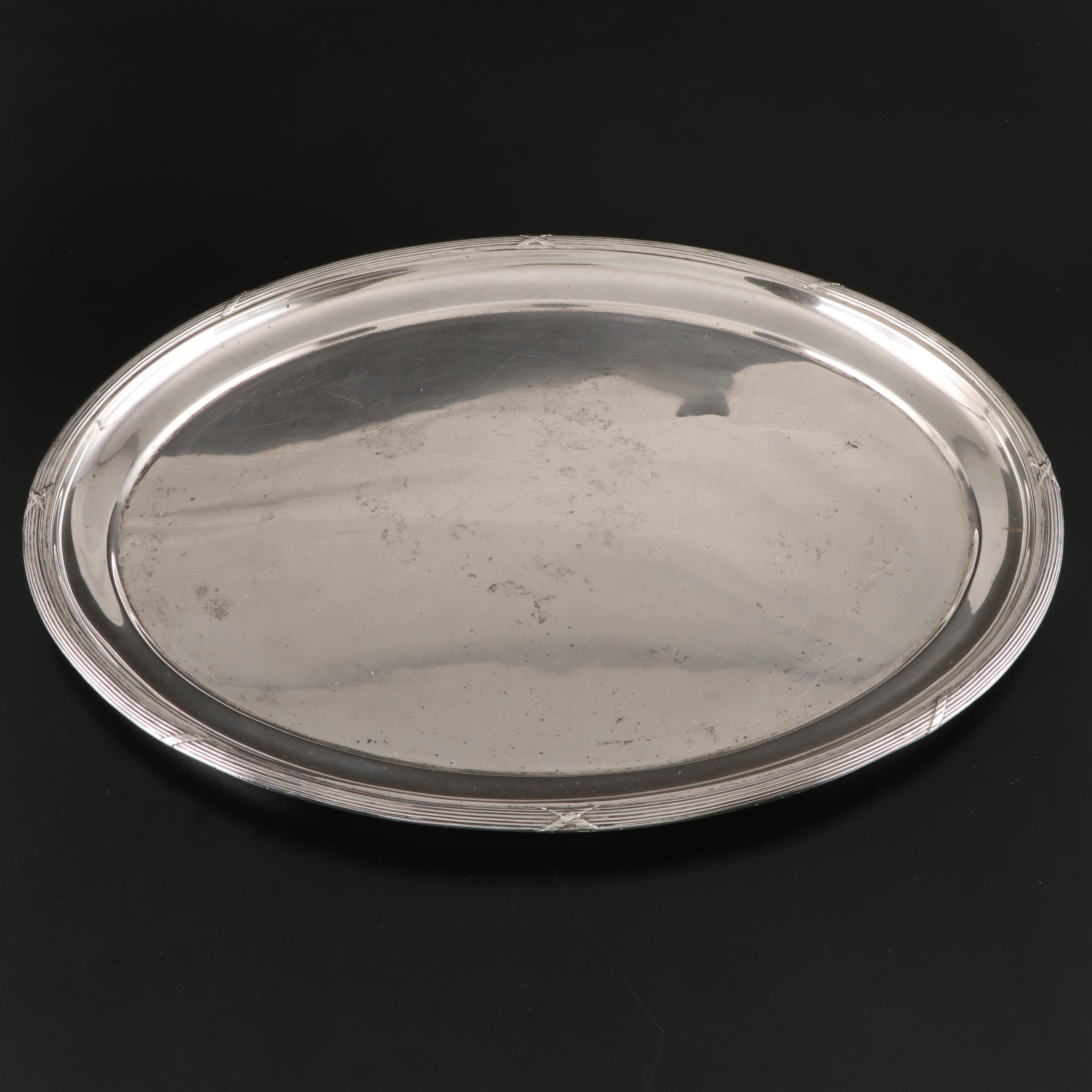 German 800 Silver Tea and Coffee Pots with Reed-and-Tie Bordered Serving Tray