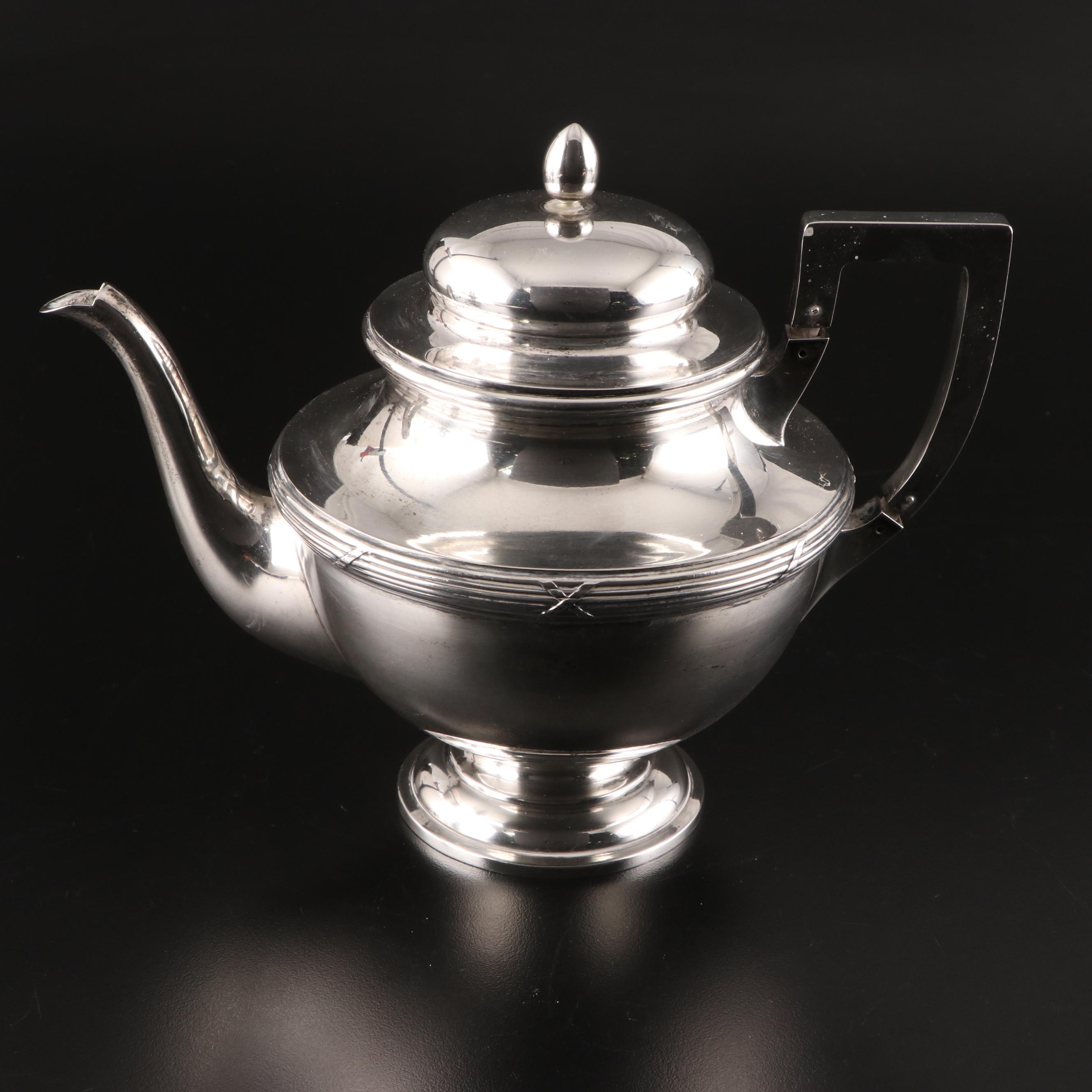 German 800 Silver Tea and Coffee Pots with Reed-and-Tie Bordered Serving Tray