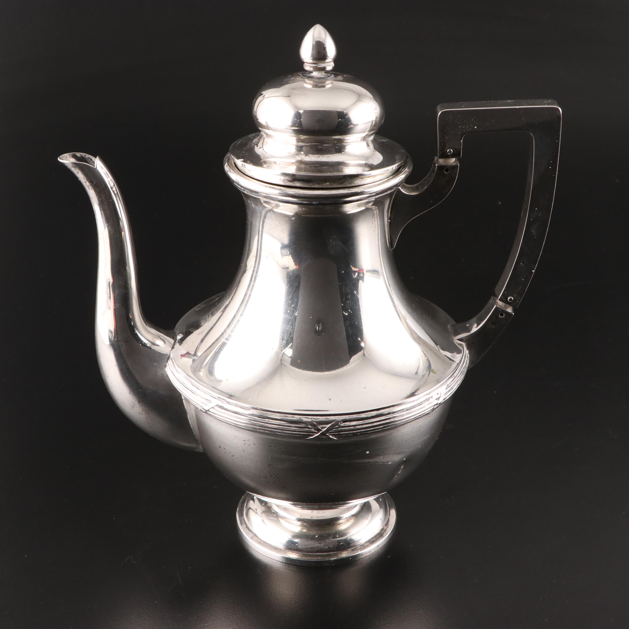 German 800 Silver Tea and Coffee Pots with Reed-and-Tie Bordered Serving Tray