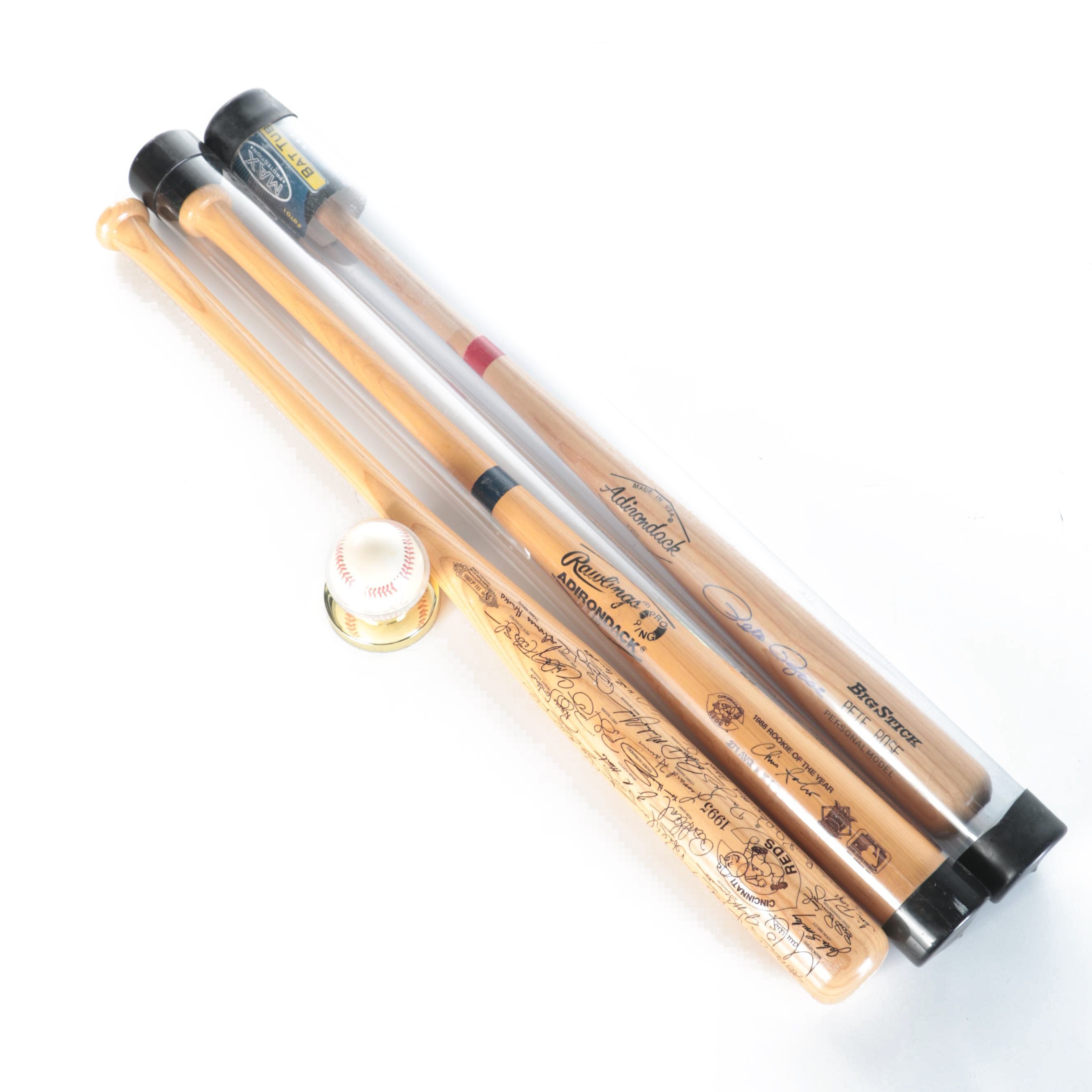 Pete Rose Signed Bat with Chris Sabo Signed Baseball, and More