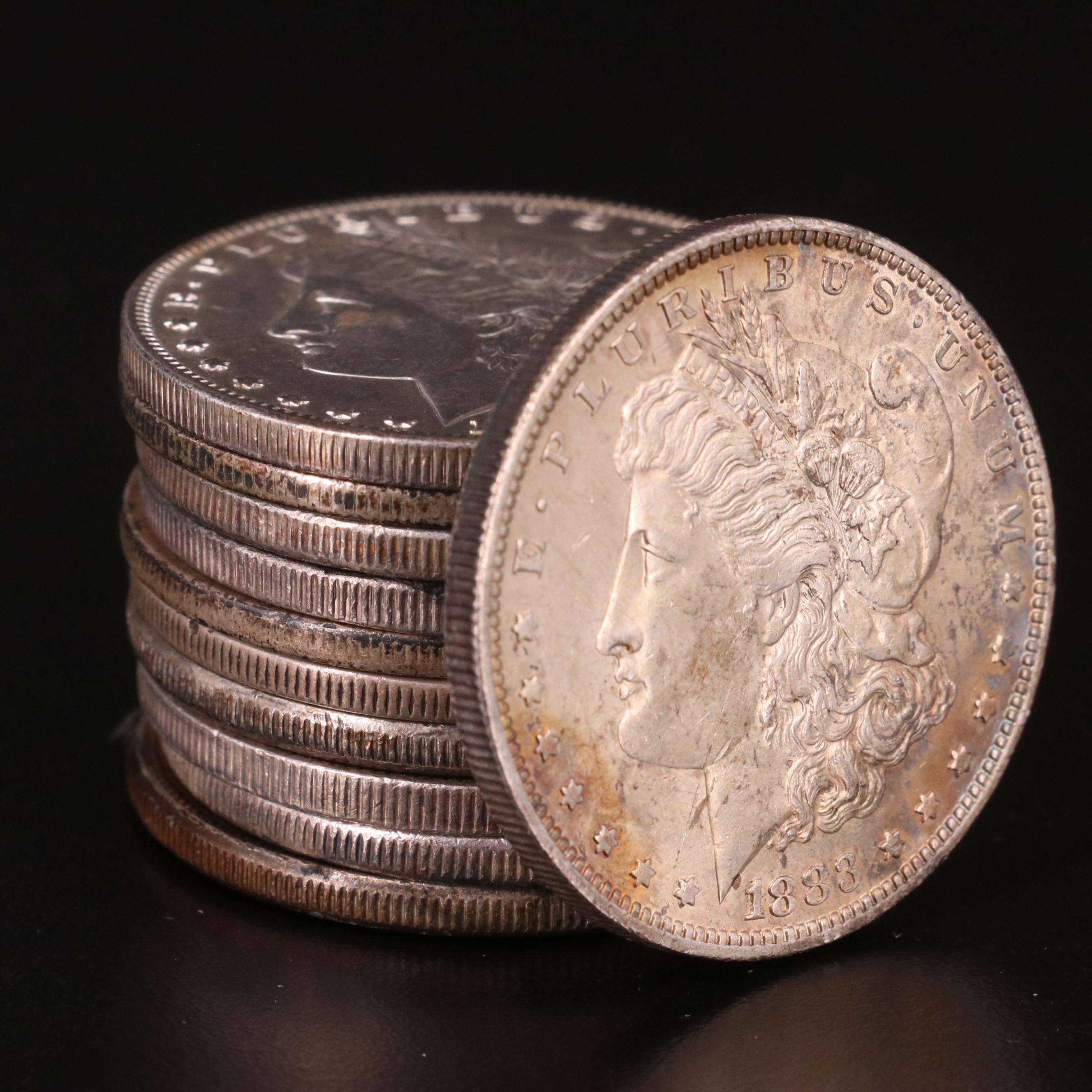 Ten Morgan Silver Dollars and One Peace Silver Dollar