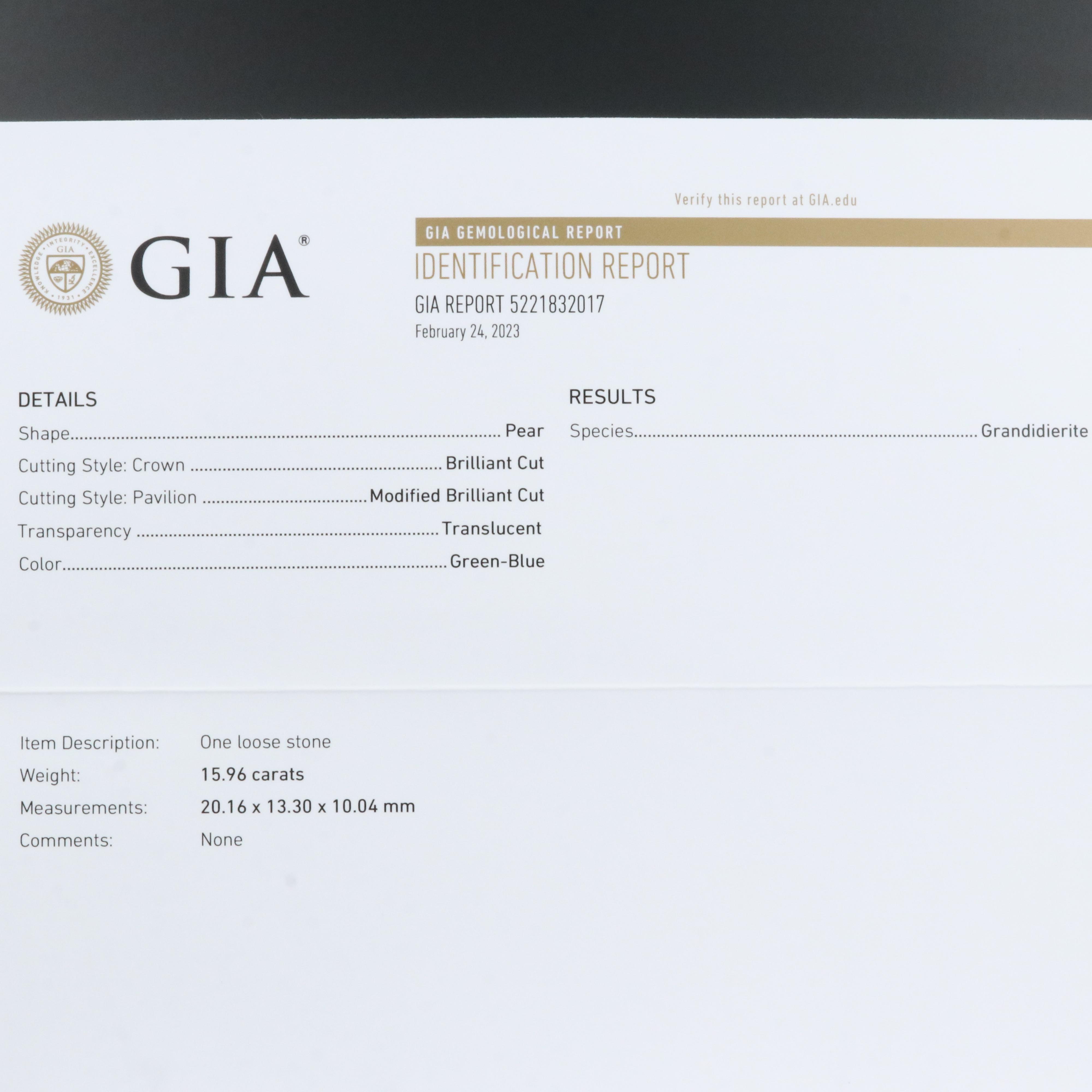 Loose 15.96 CT Grandidieriete with GIA Report