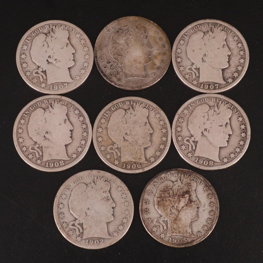 Eight Barber Silver Half Dollars