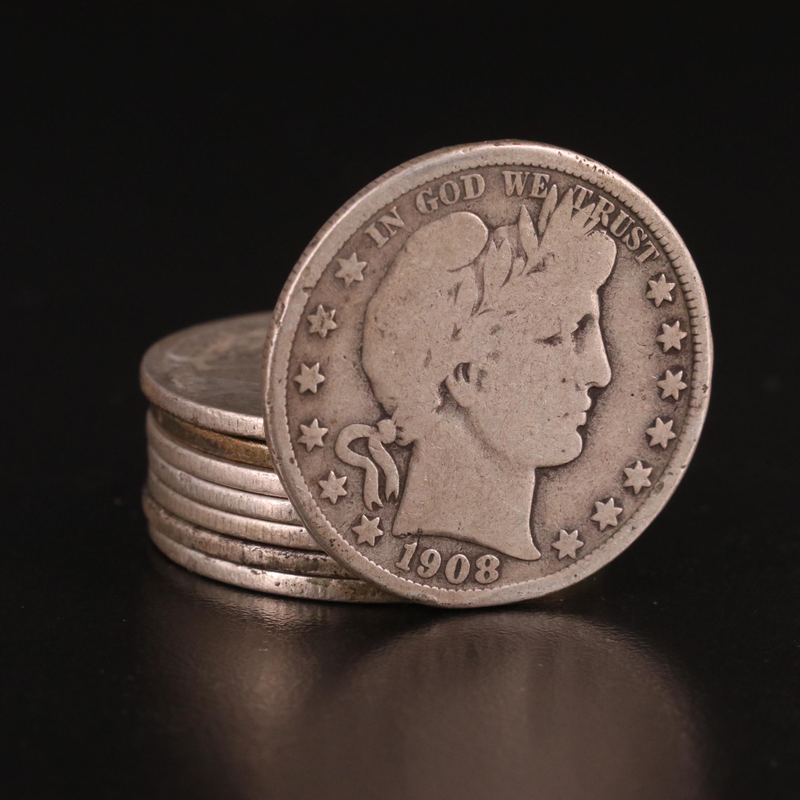 Eight Barber Silver Half Dollars