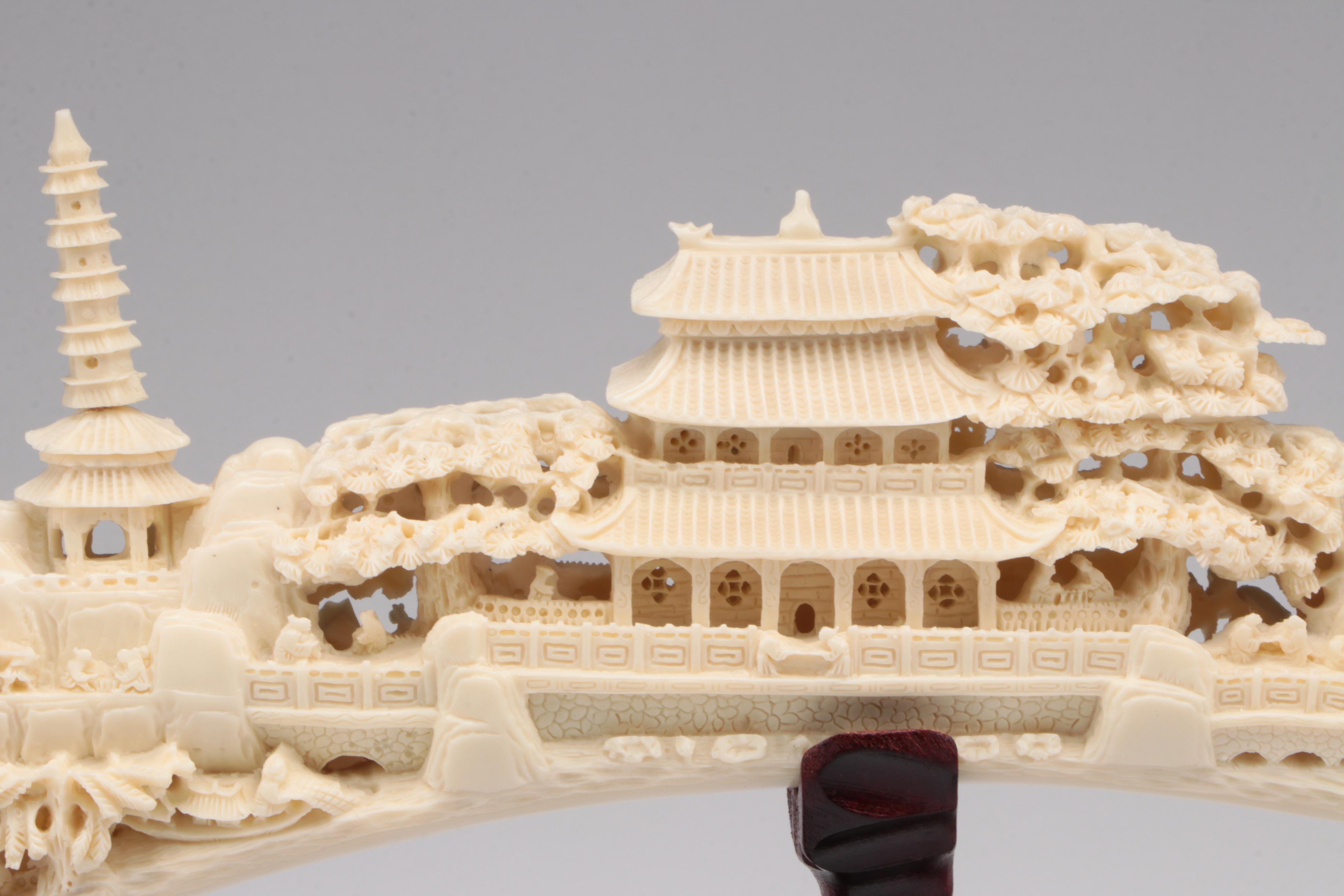 Chinese Faux Carved Elephant Tusk on Wood Stand