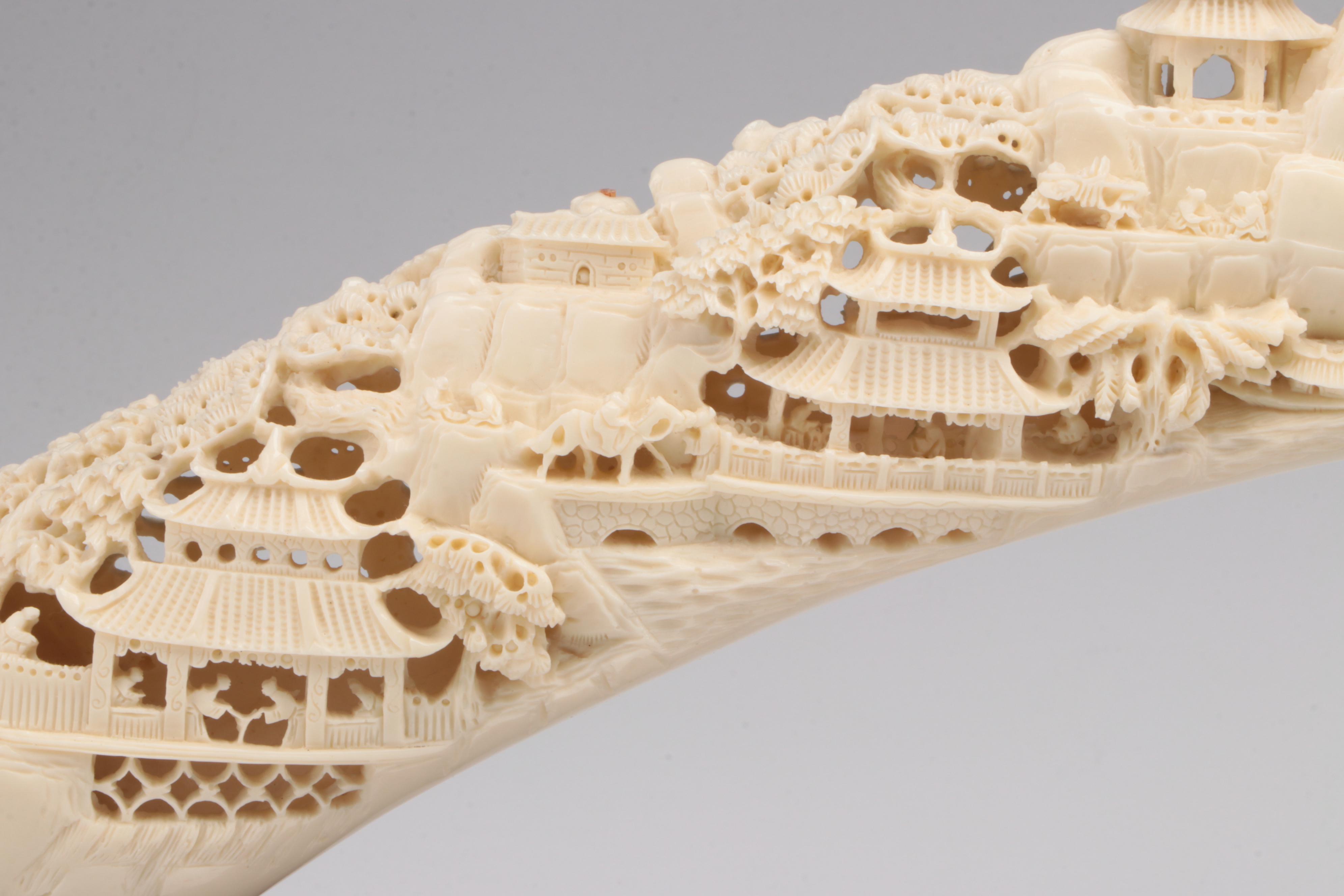 Chinese Faux Carved Elephant Tusk on Wood Stand