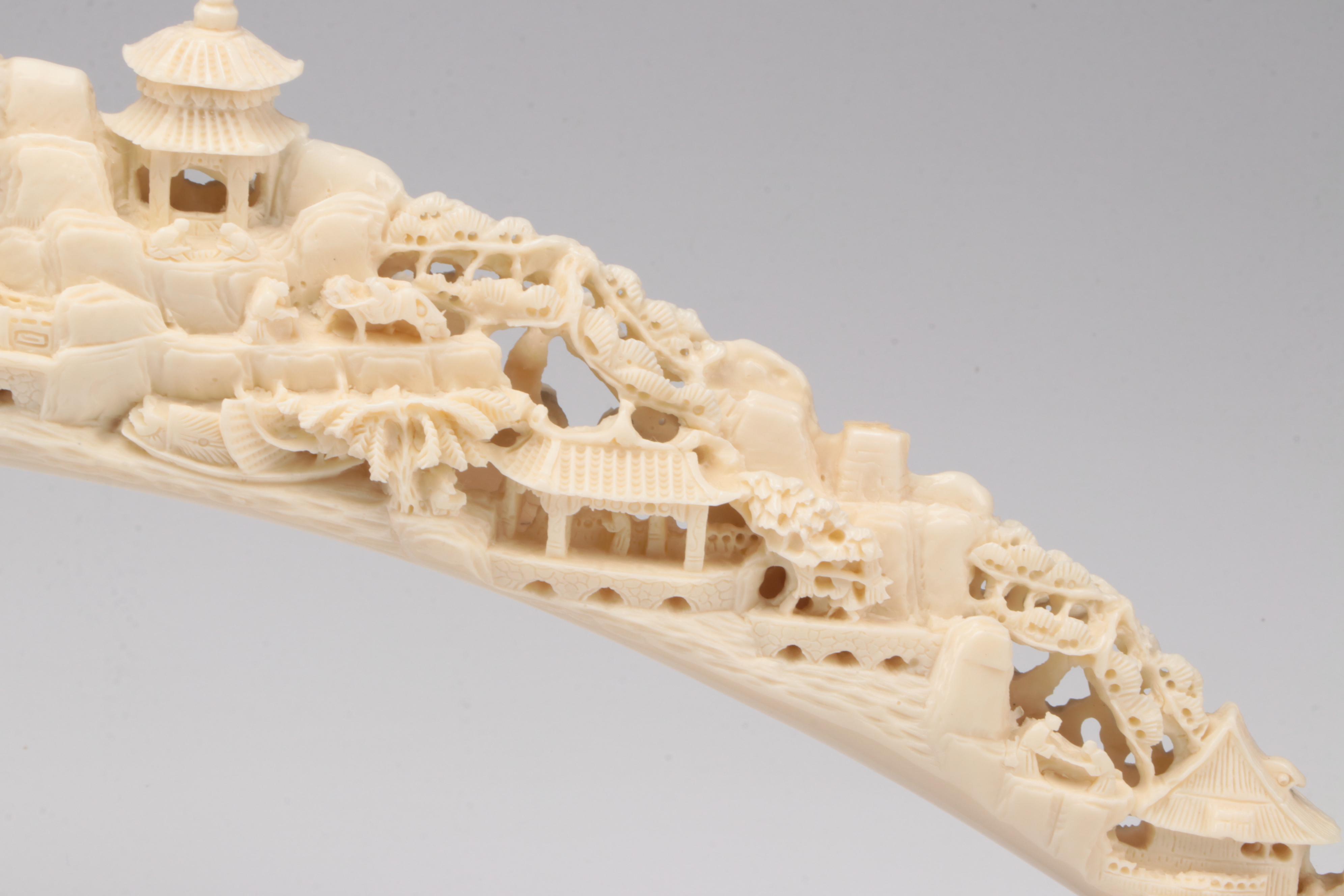 Chinese Faux Carved Elephant Tusk on Wood Stand