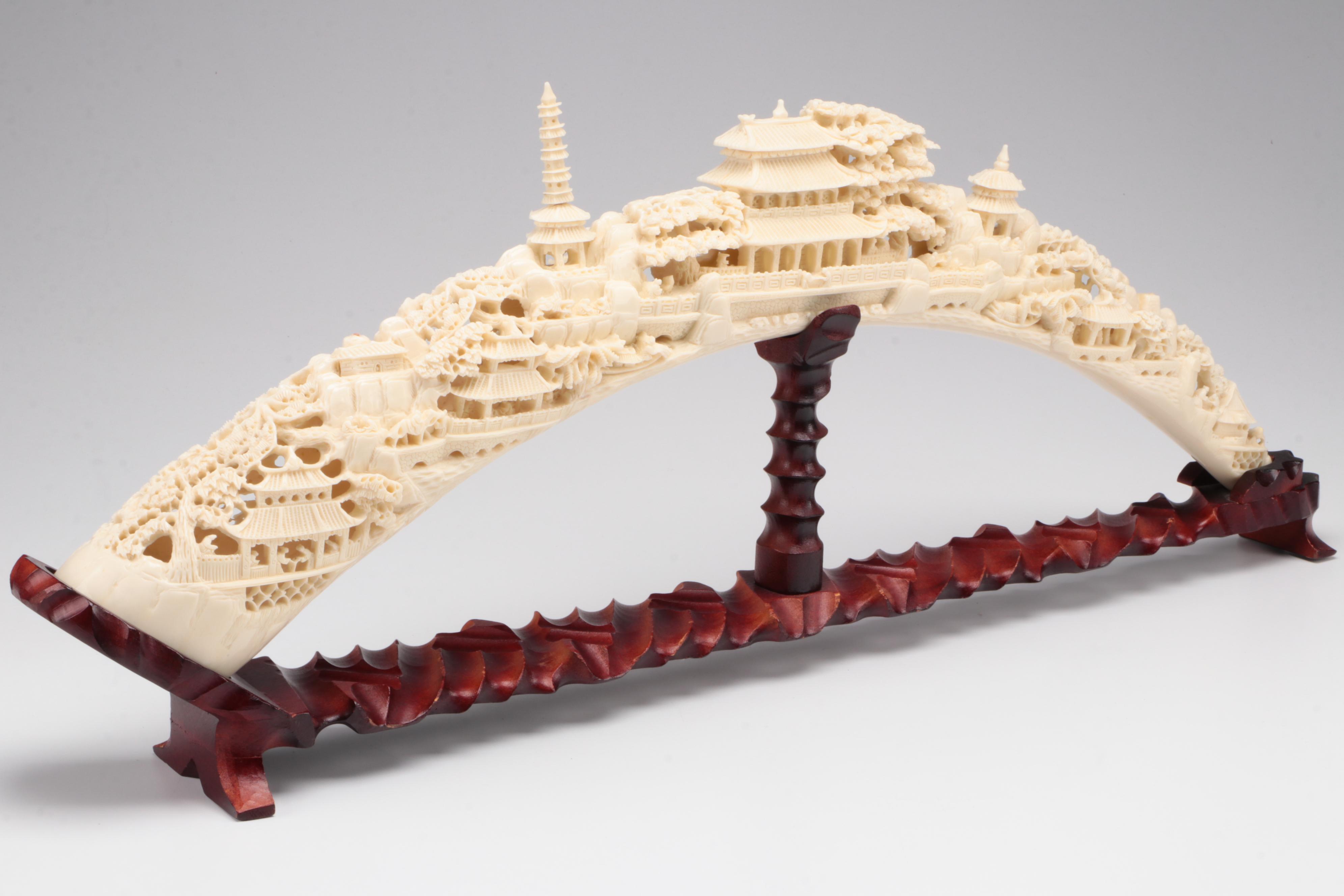 Chinese Faux Carved Elephant Tusk on Wood Stand