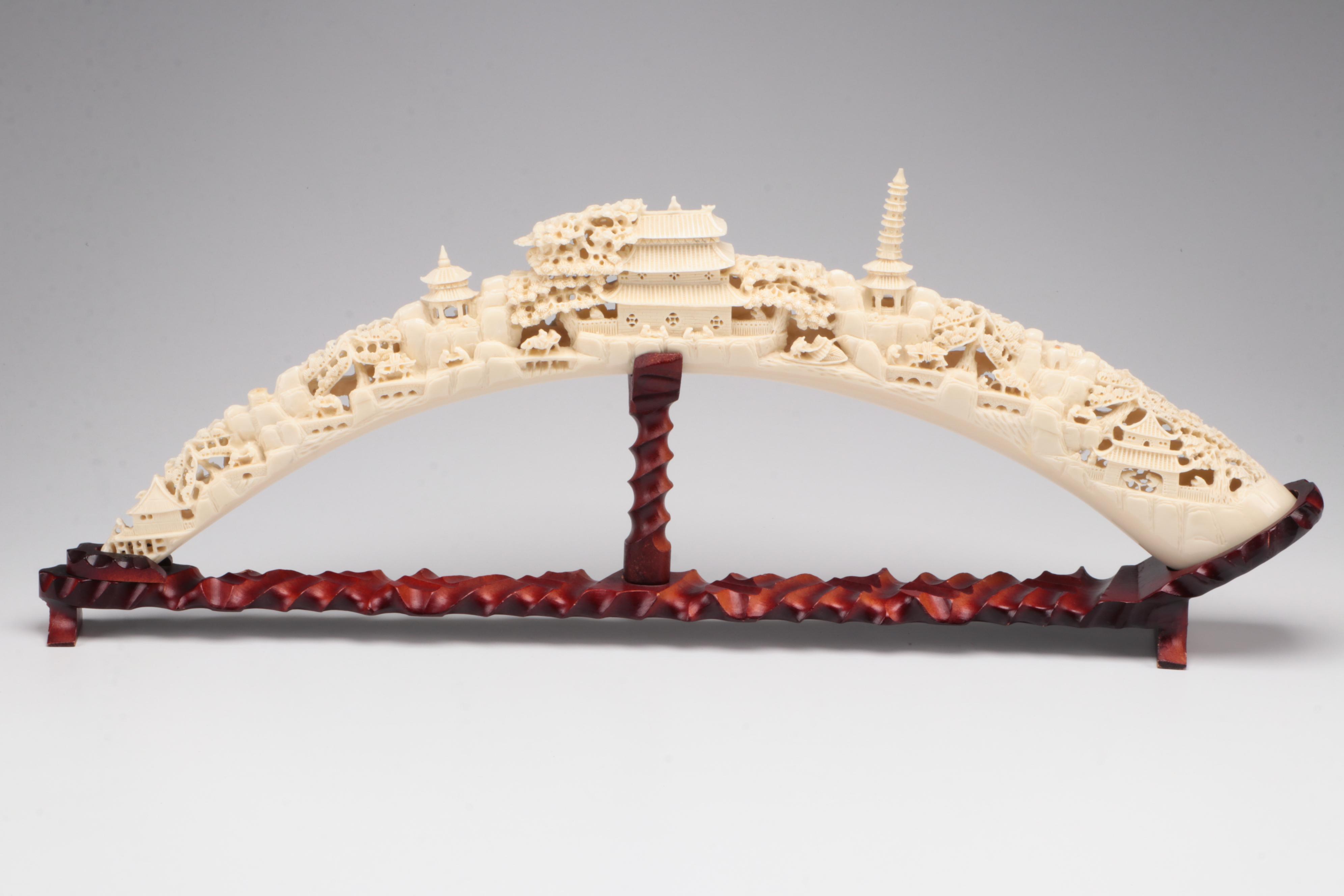 Chinese Faux Carved Elephant Tusk on Wood Stand