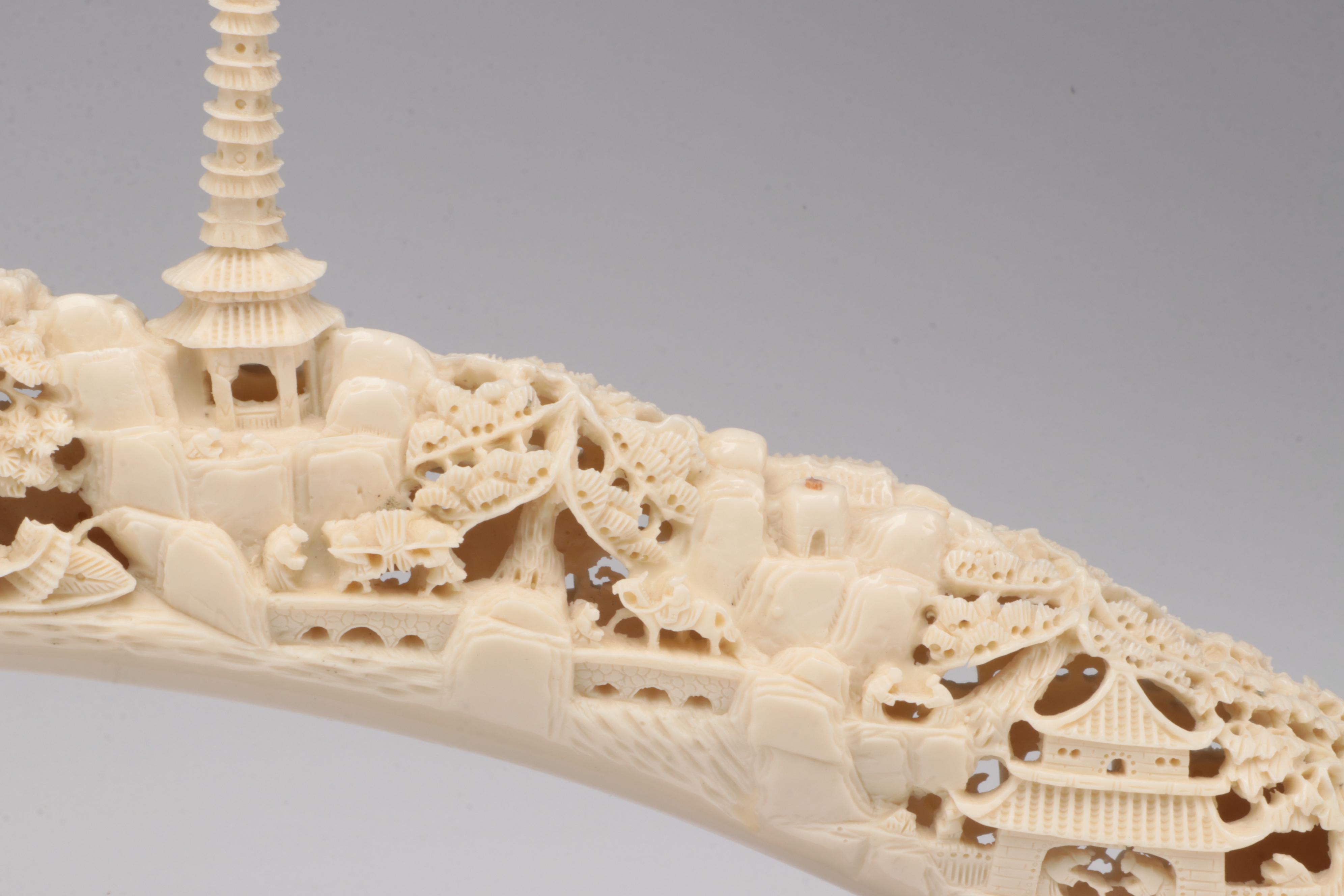 Chinese Faux Carved Elephant Tusk on Wood Stand