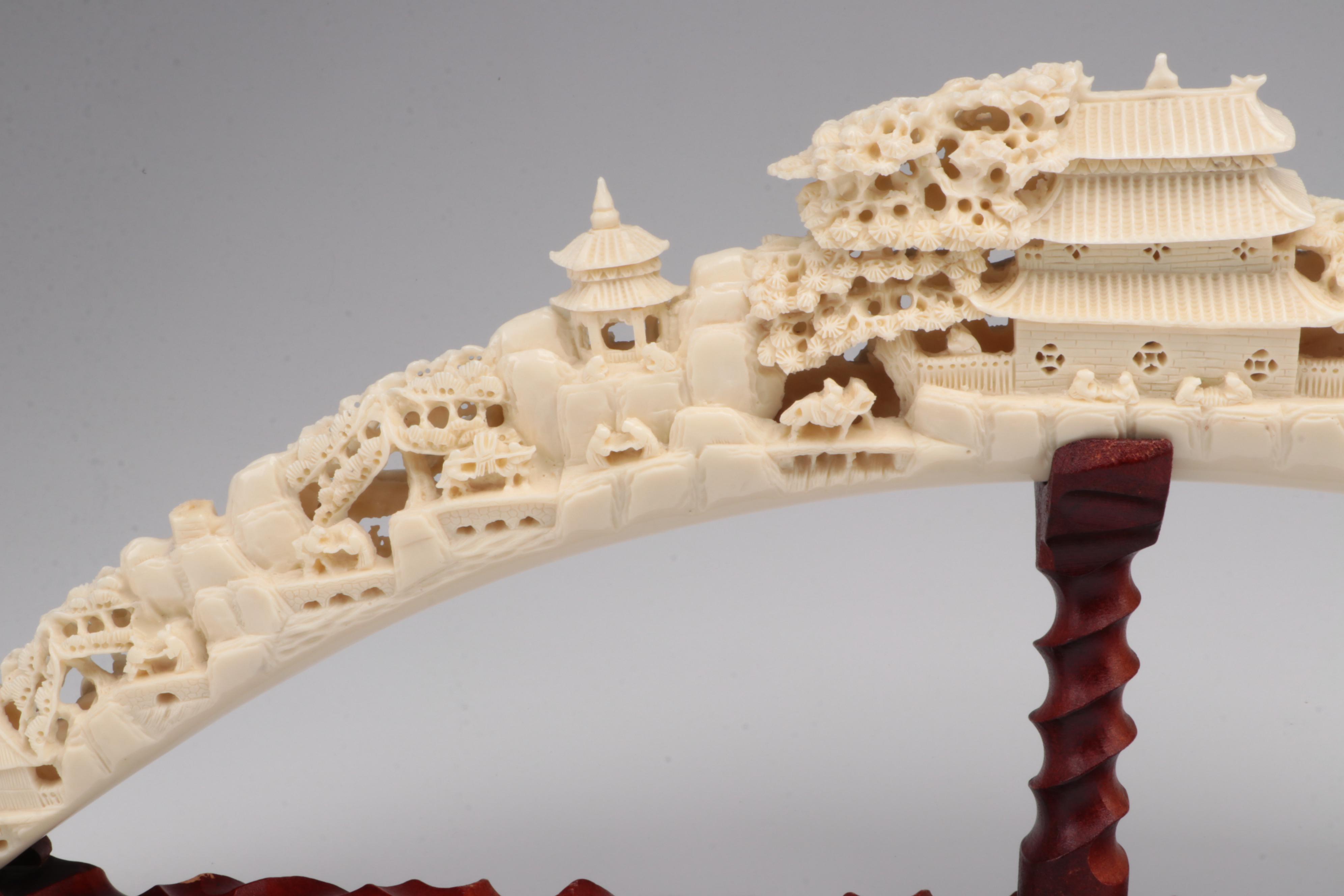 Chinese Faux Carved Elephant Tusk on Wood Stand