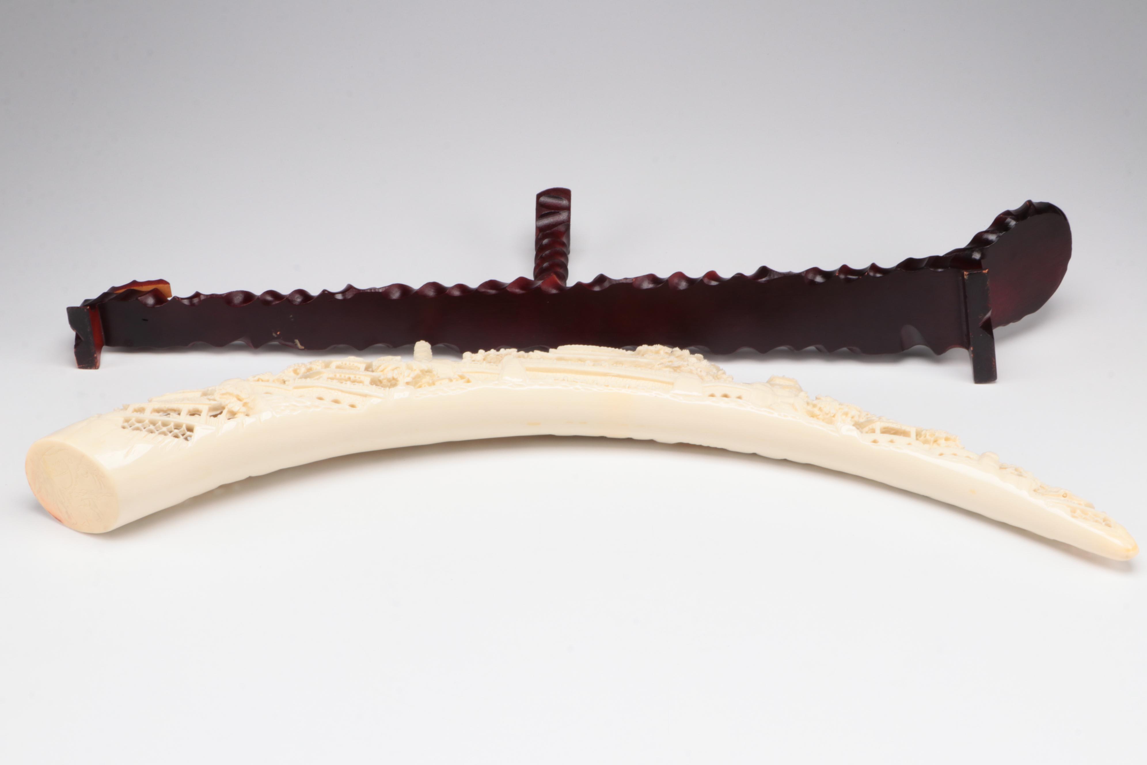 Chinese Faux Carved Elephant Tusk on Wood Stand