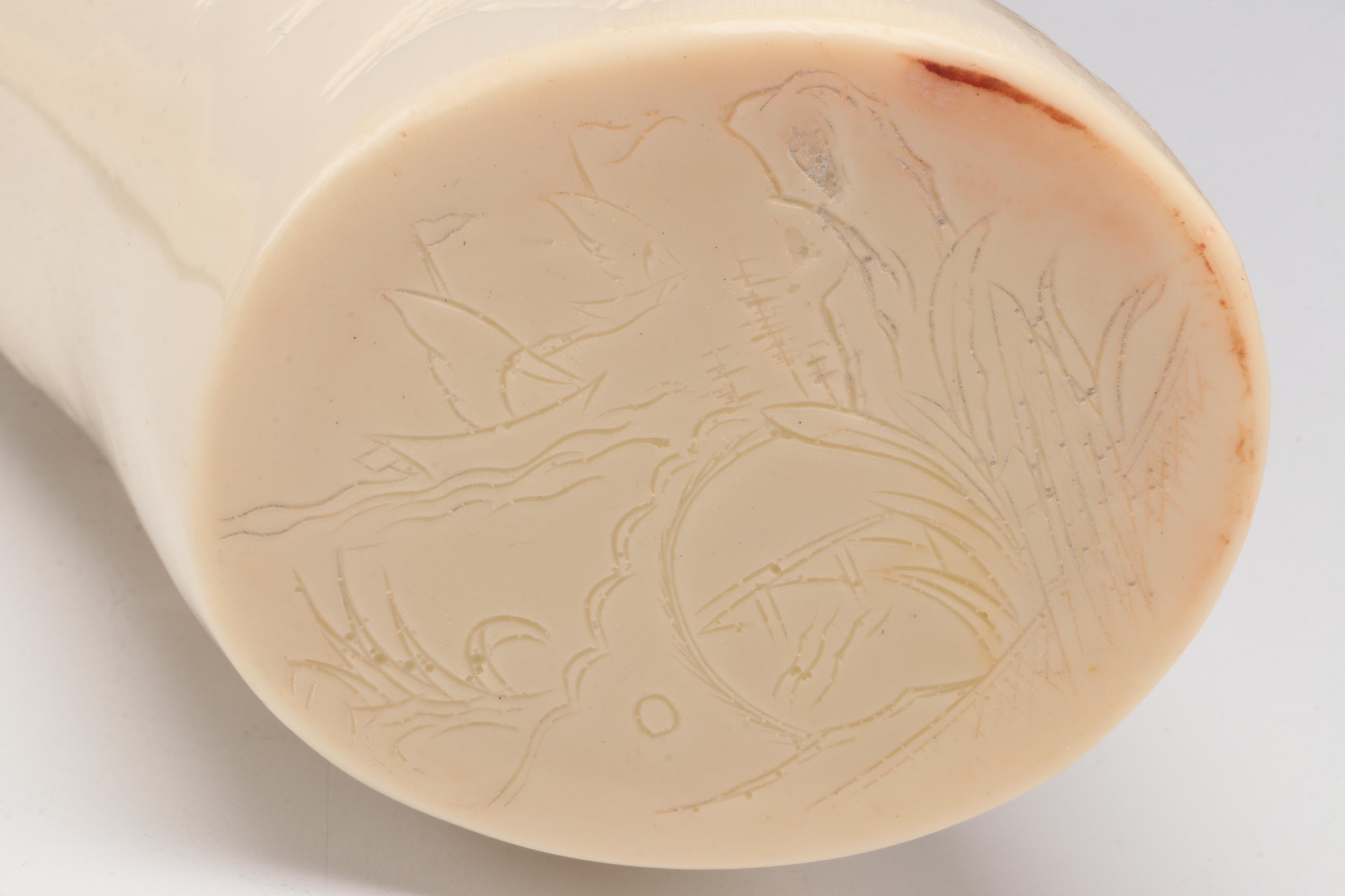 Chinese Faux Carved Elephant Tusk on Wood Stand