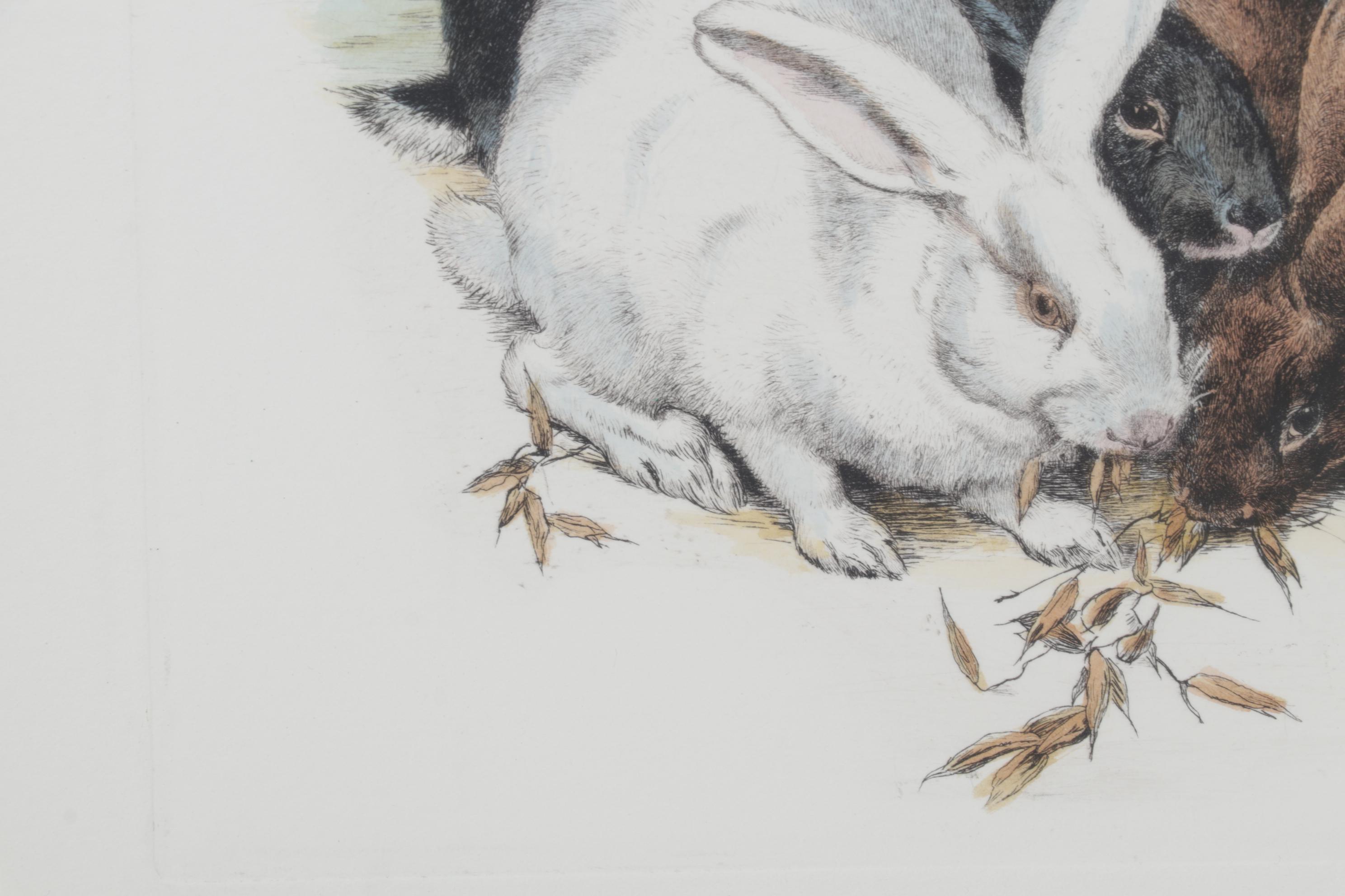 Hand-Color Etching After Winifred Austen of Rabbits, Late 20th Century
