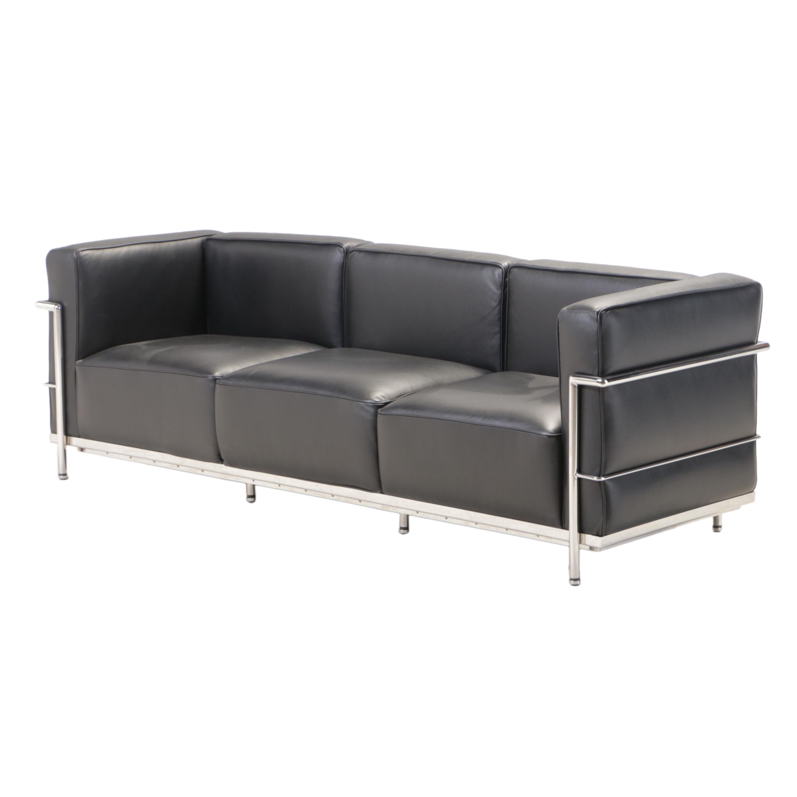 Black Leather and Chrome Sofa After Le Corbusier's Grande Model
