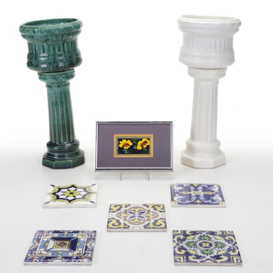 Nelson & Billie "McCoy" Pedestal Planters with Yellow and Blue Glazed Tiles