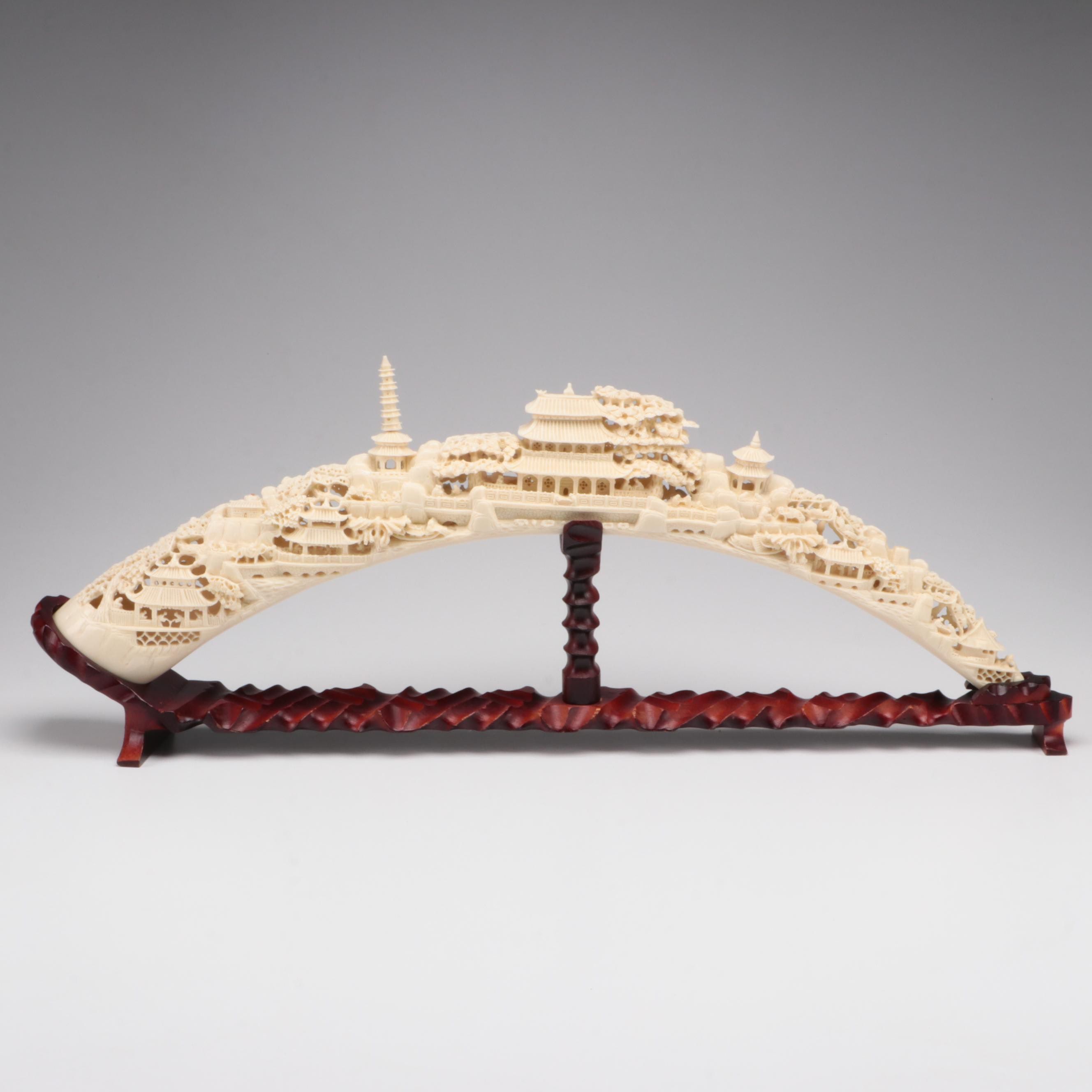 Chinese Faux Carved Elephant Tusk on Wood Stand