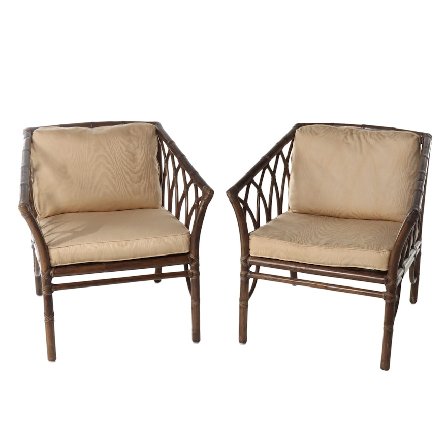 Pair of McGuire Leather-Wrapped Rattan Patio Lounge Chairs