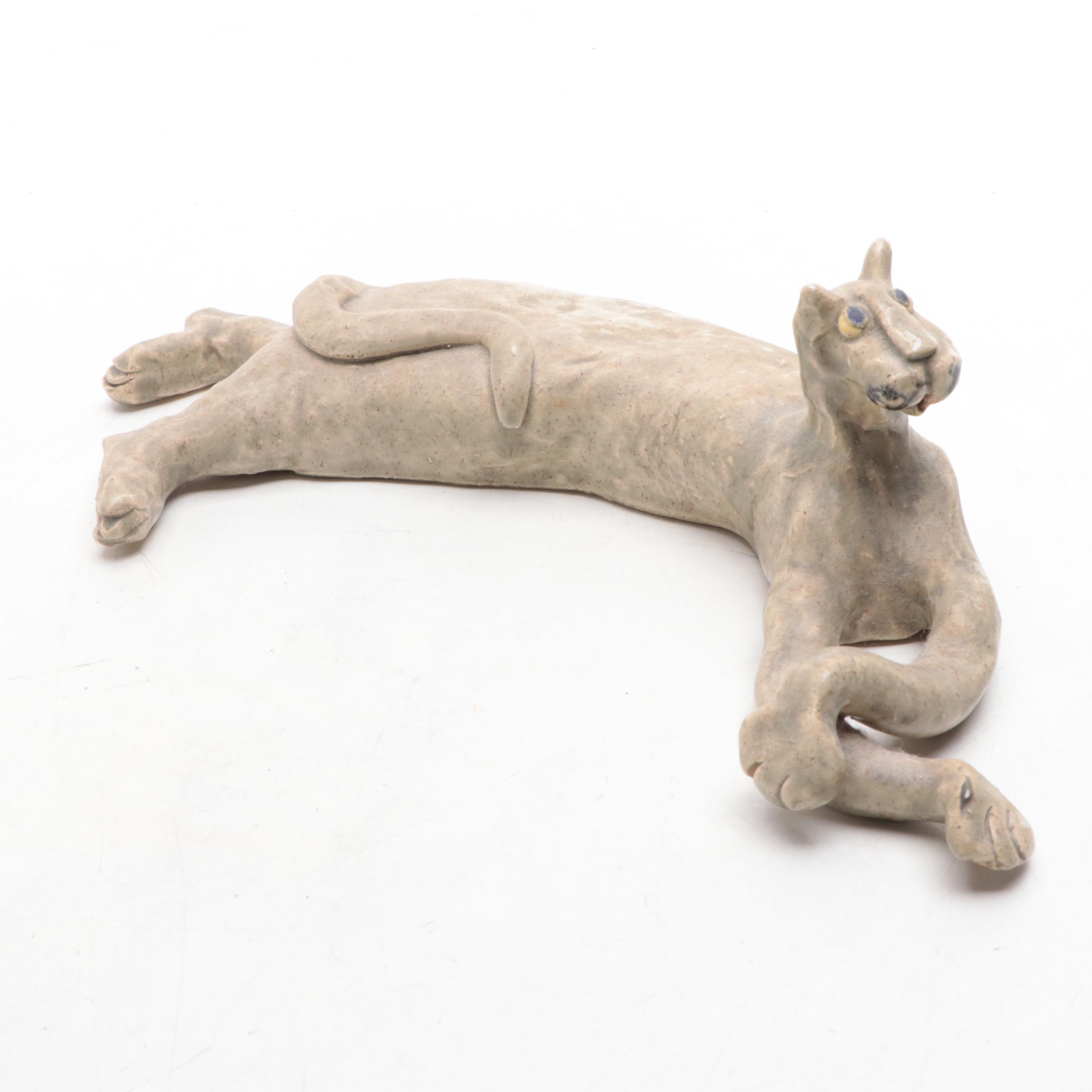 Artist Signed Pottery Glazed Cats and Splooting Dog Figurines