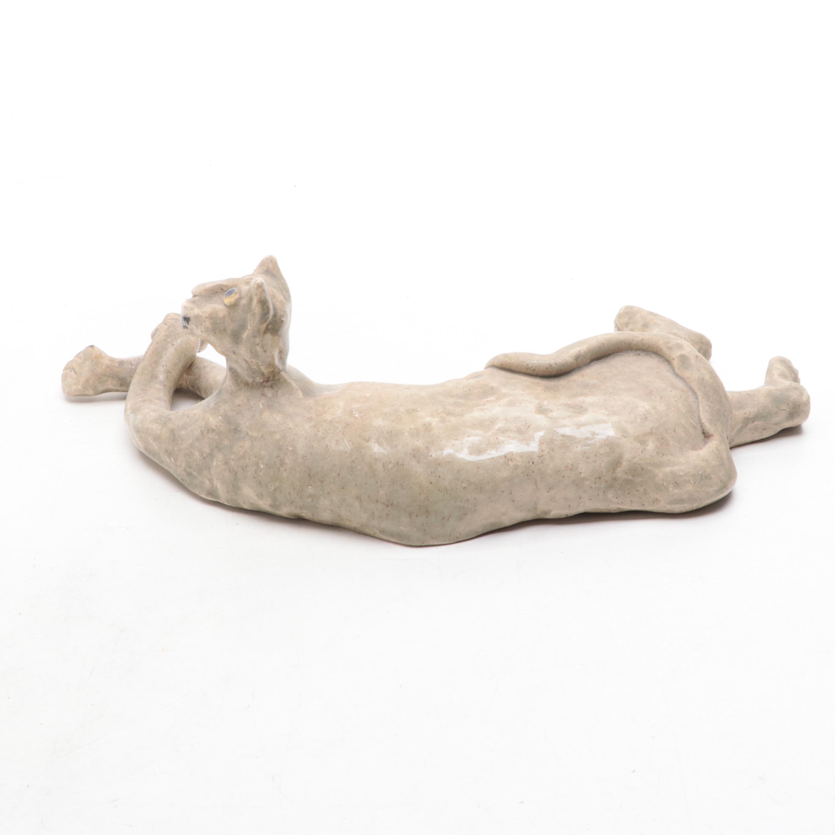 Artist Signed Pottery Glazed Cats and Splooting Dog Figurines