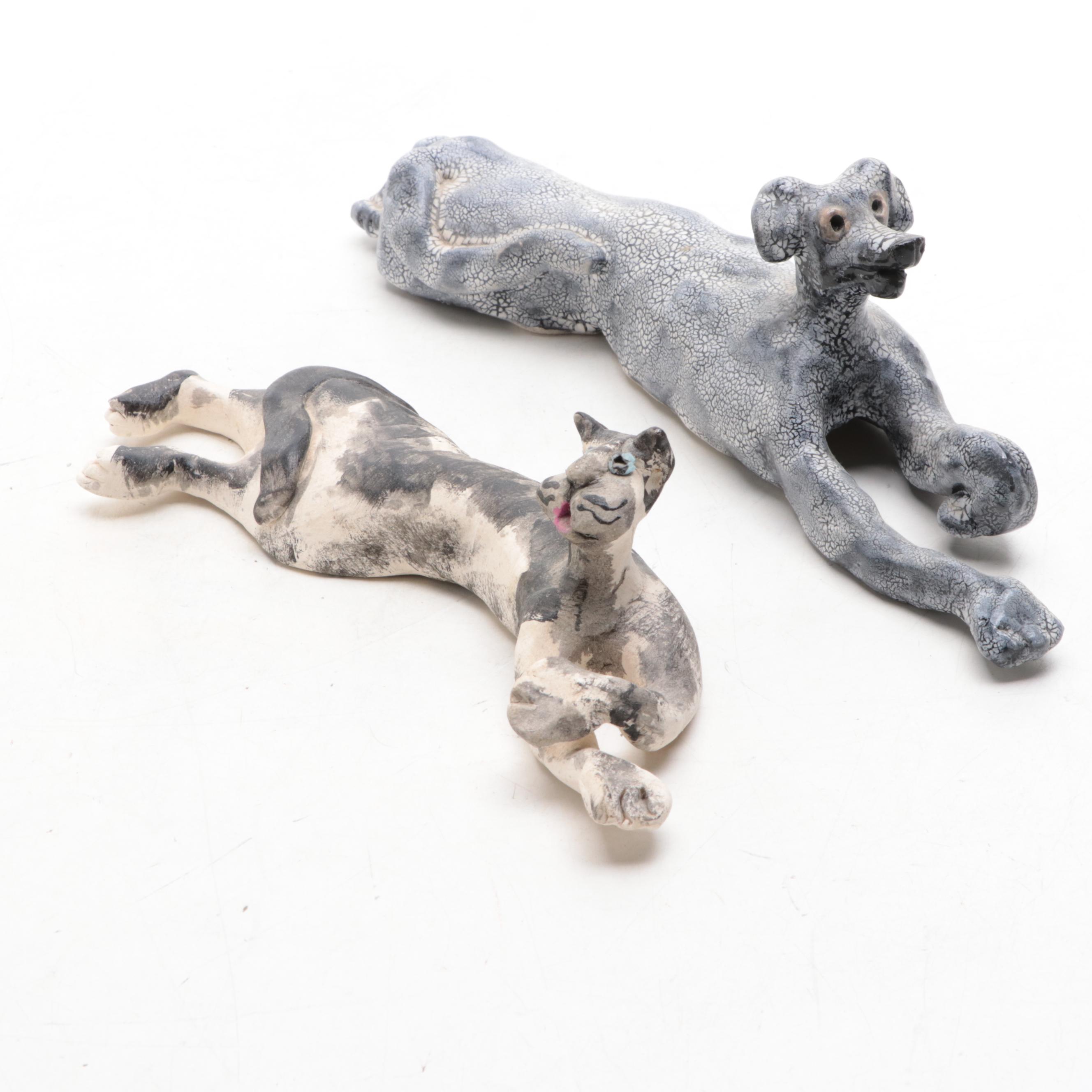 Artist Signed Pottery Glazed Cats and Splooting Dog Figurines