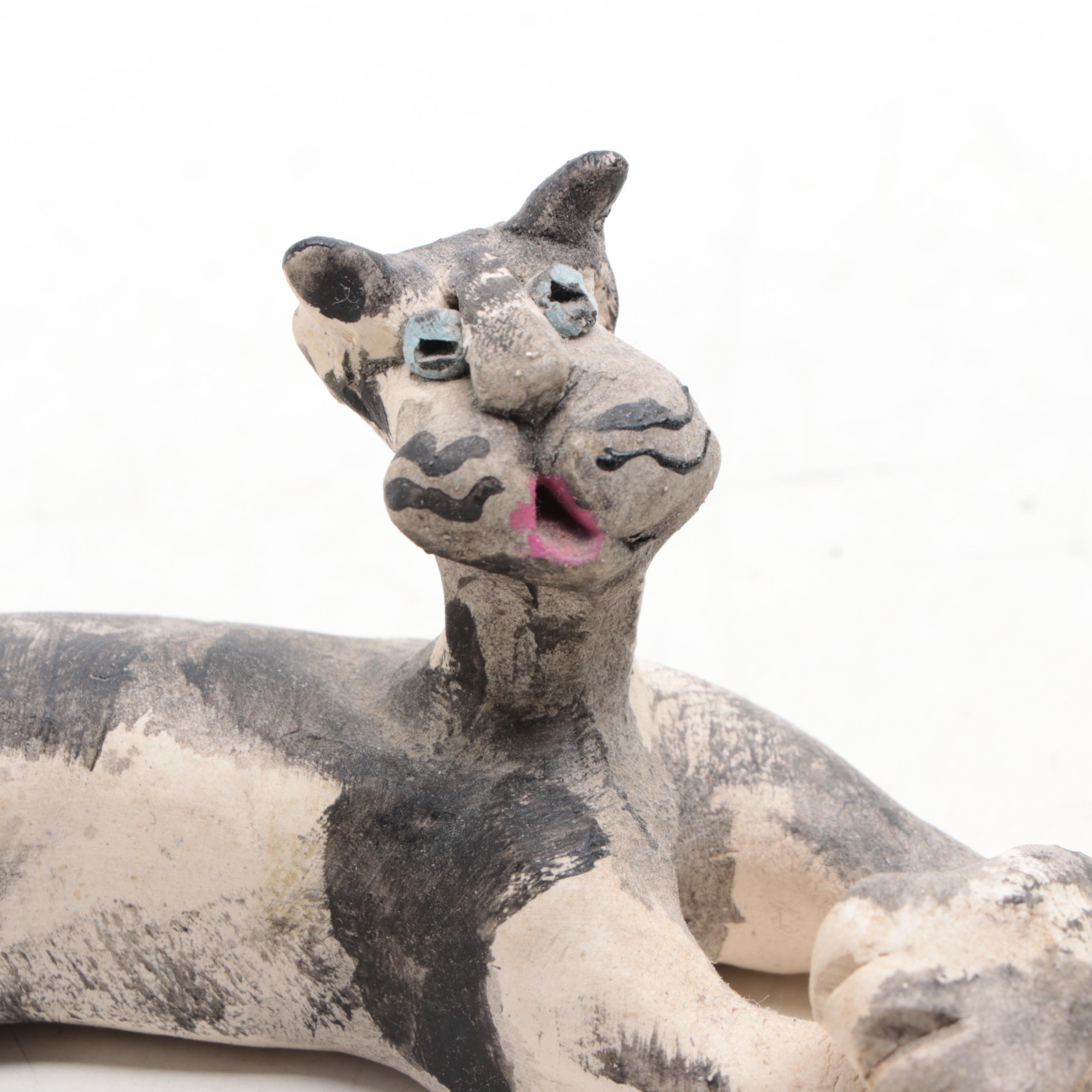 Artist Signed Pottery Glazed Cats and Splooting Dog Figurines