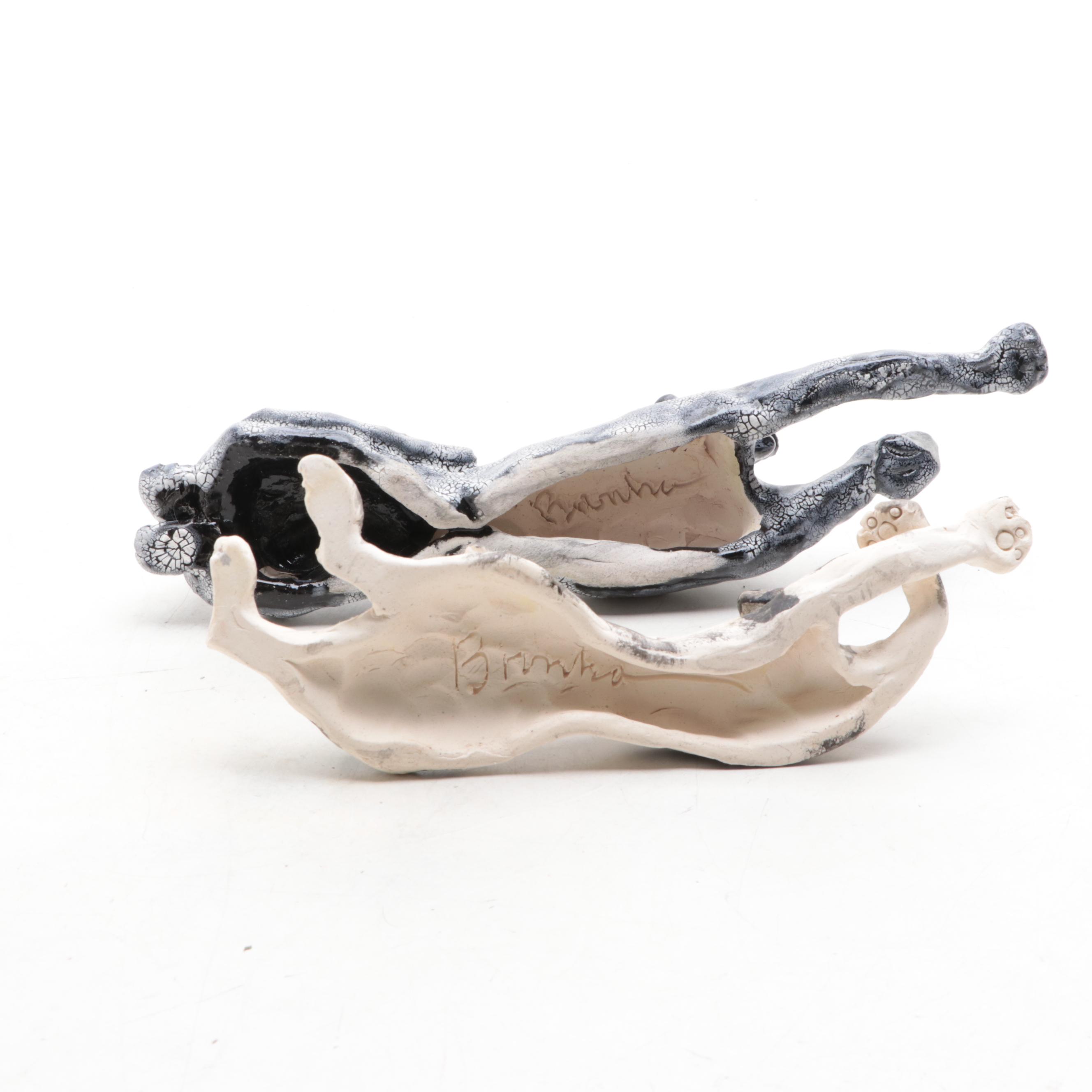 Artist Signed Pottery Glazed Cats and Splooting Dog Figurines