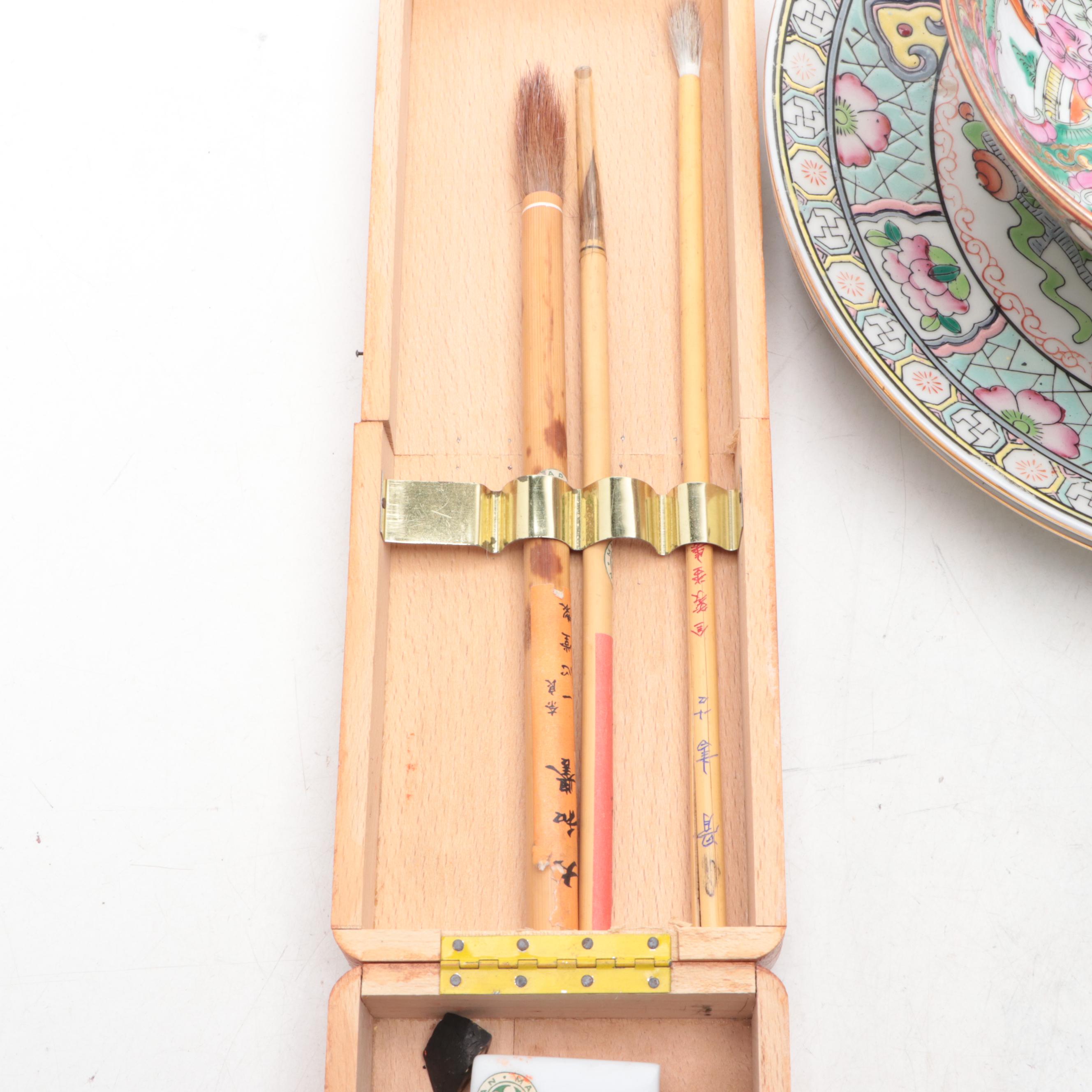 Chinese Export Style Rose Medallion Bowl with Other Decor and Calligraphy Set