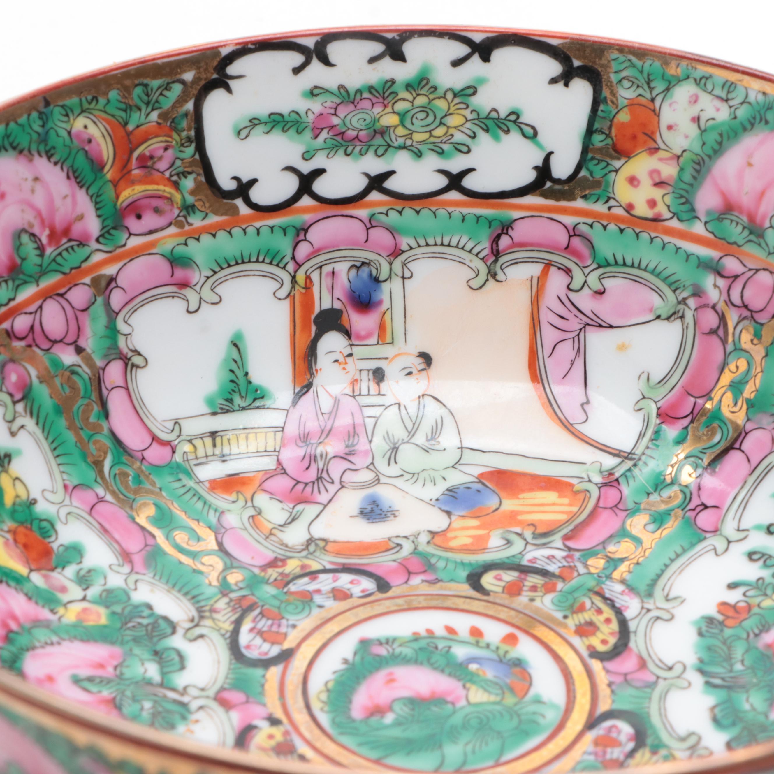 Chinese Export Style Rose Medallion Bowl with Other Decor and Calligraphy Set
