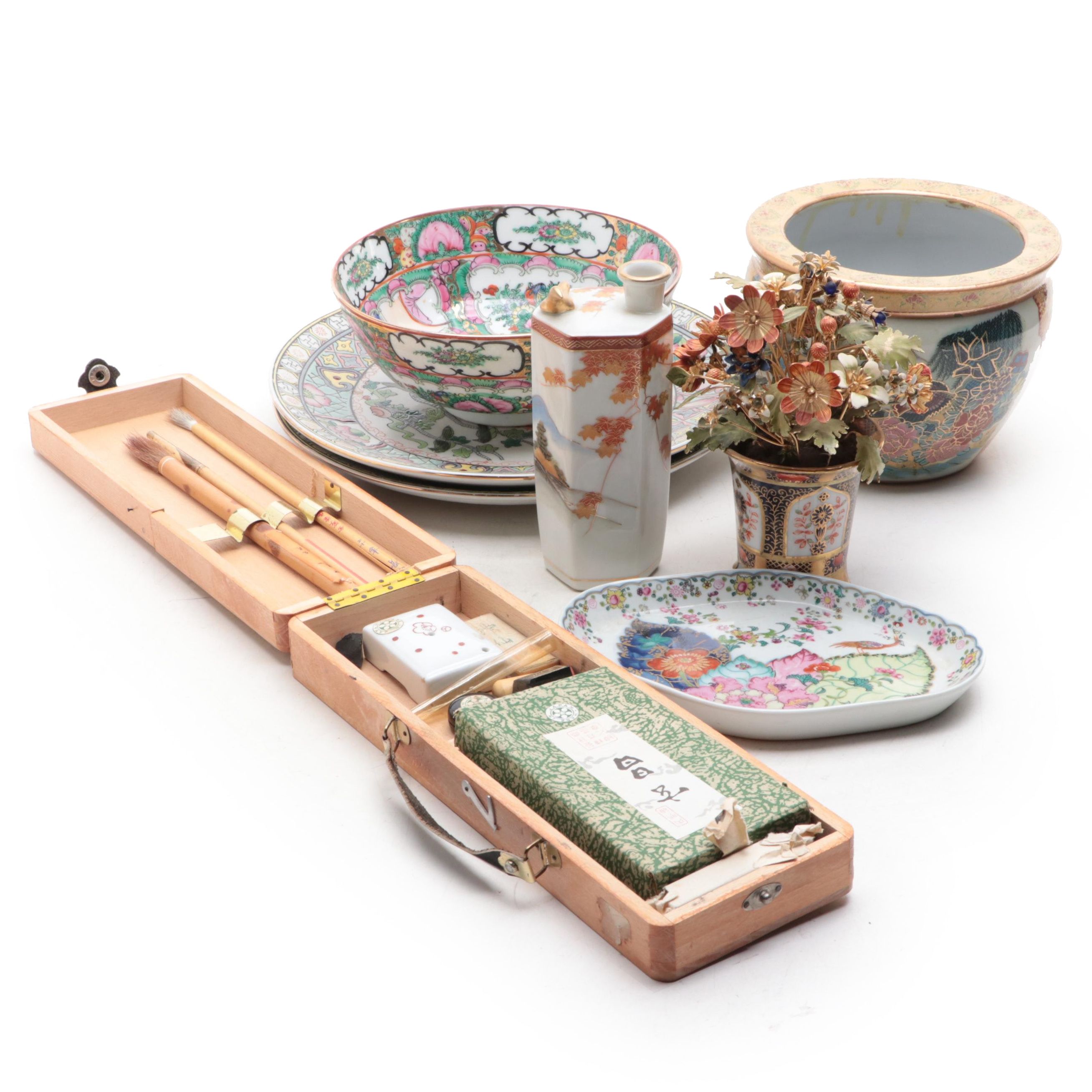 Chinese Export Style Rose Medallion Bowl with Other Decor and Calligraphy Set