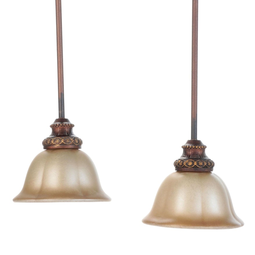 Pair of Minka Lighting Pendant Lights With Bronzed Finish and Iridescent Shades