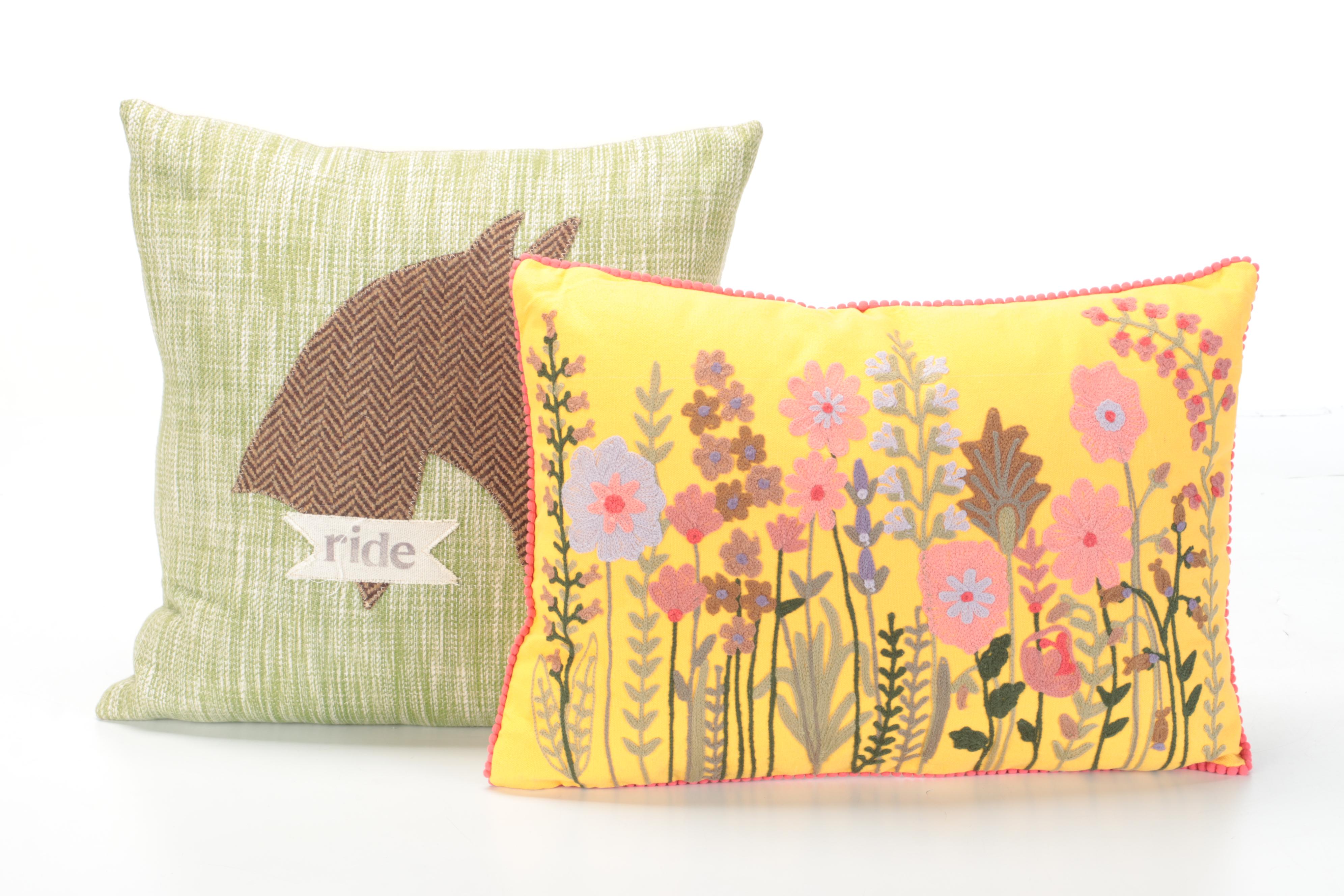 4 Sisters Applique and Other Crewel Accent Pillows With Art Poles Garden Décor