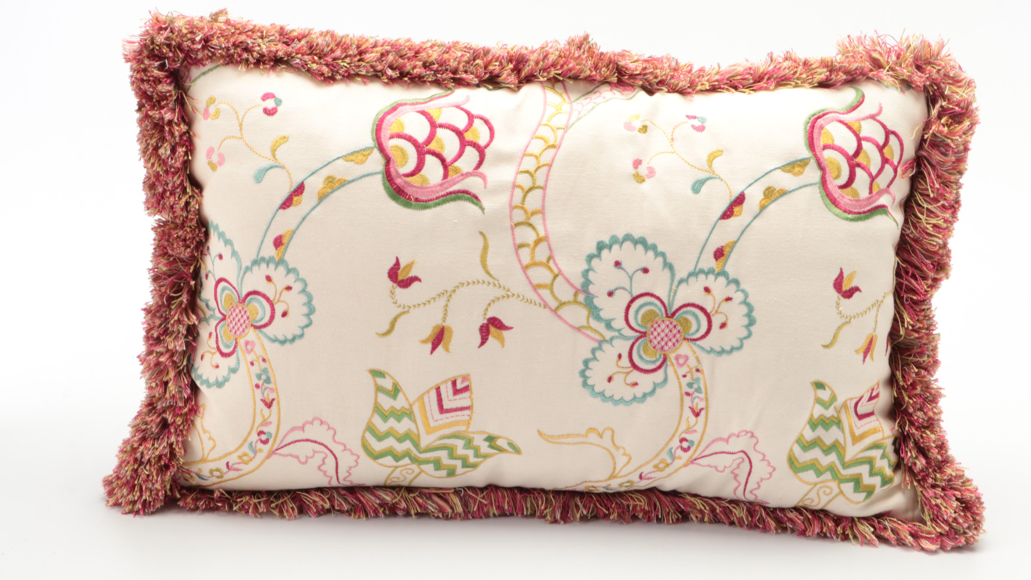 Floral Embroidered Fringed Accent Pillows with Bee Embellished Throw Pillow
