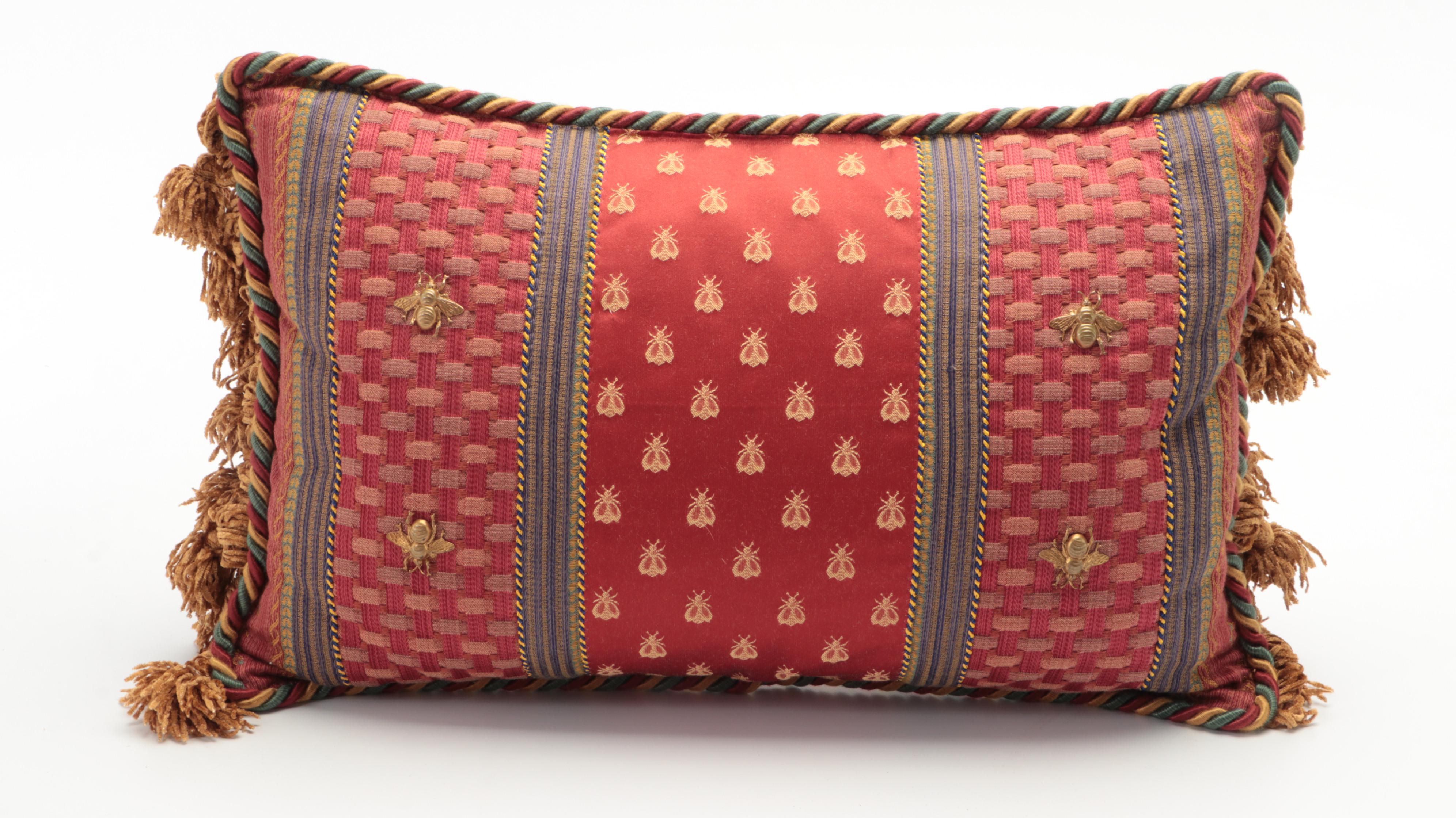 Floral Embroidered Fringed Accent Pillows with Bee Embellished Throw Pillow