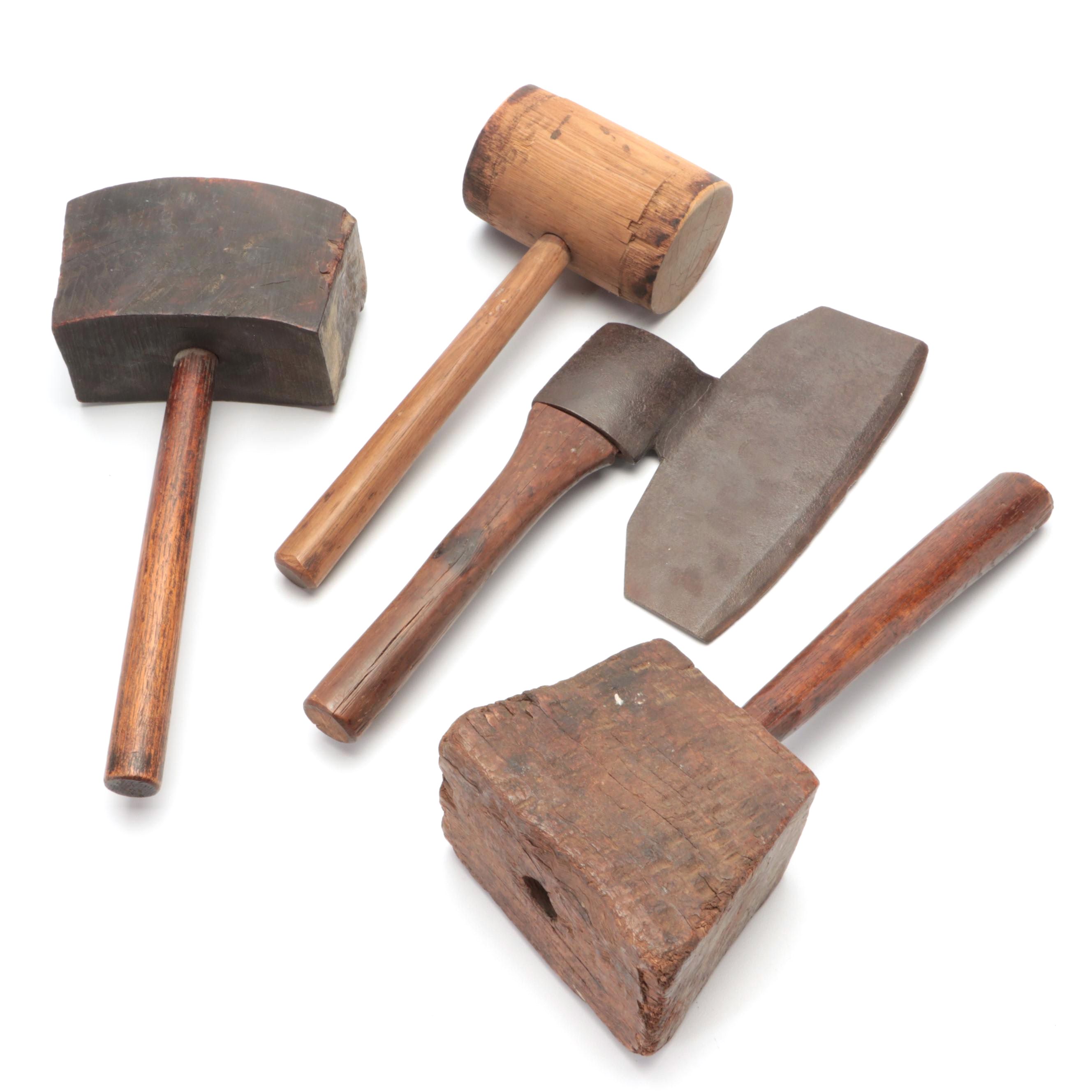 Cooper's Side Axe with Assorted Wooden and Burl Head Mallets